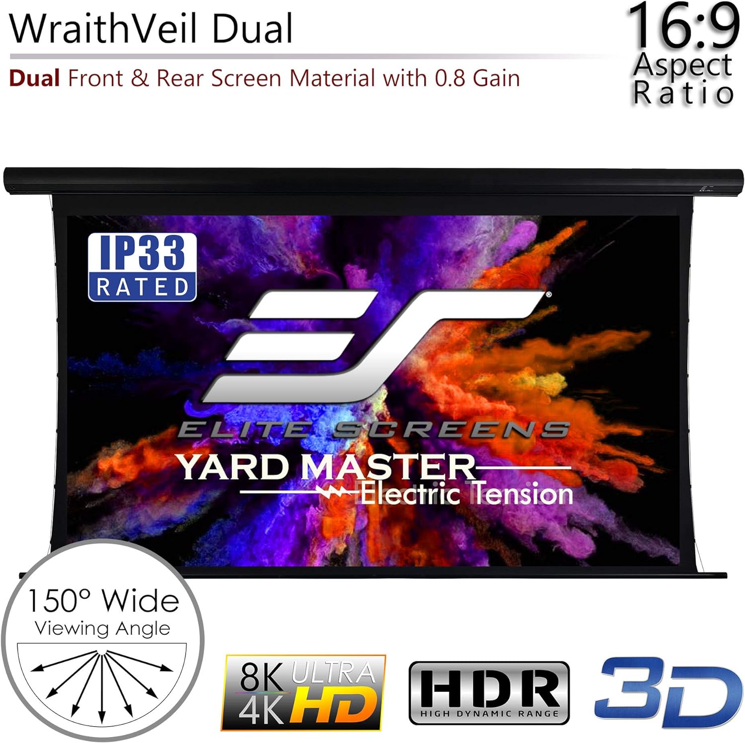 Elite Screens Yard Master Tension 135" Diag. 16:9, Electric Outdoor Tab-Tensioned DUAL Front Rear Projection Screen, OMS135HT-ELECTRODUAL