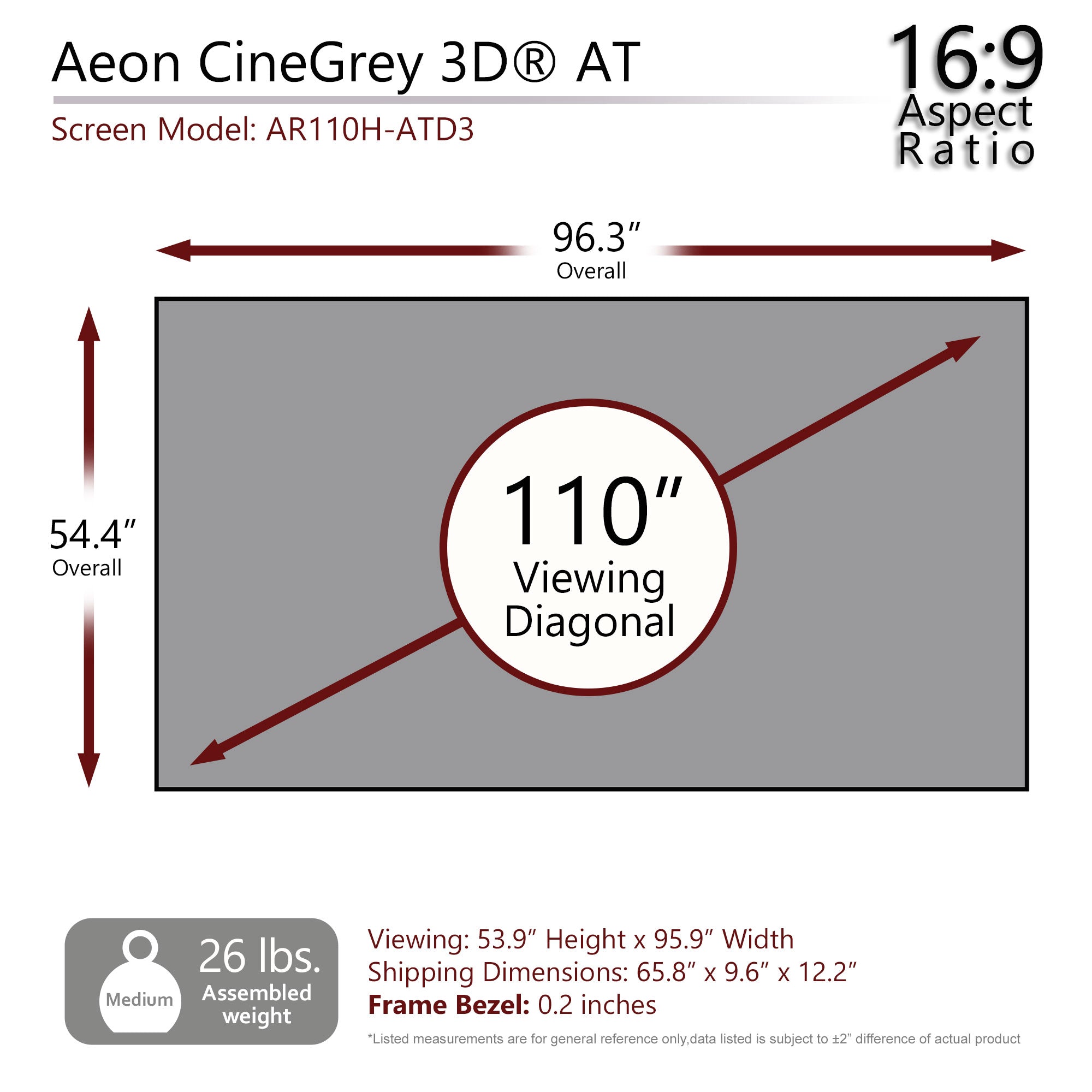 Elite Screens Aeon CineGrey 3D® AT 110" Diag. 16:9, Sound Transparent Screen Celing Ambient Light Rejecting (CLR®/ALR) Fixed Frame EDGE FREE® Projection Screen, AR110H-ATD3