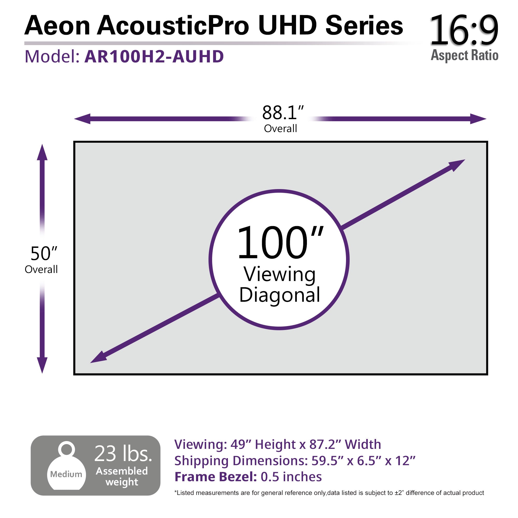 Elite Screens Aeon AcousticPro UHD 100" Diag. 16:9, 4K Home Theater Fixed Frame EDGE FREE® Projection Sound Transparent Perforated Weave Projection Screen, AR100H2-AUHD