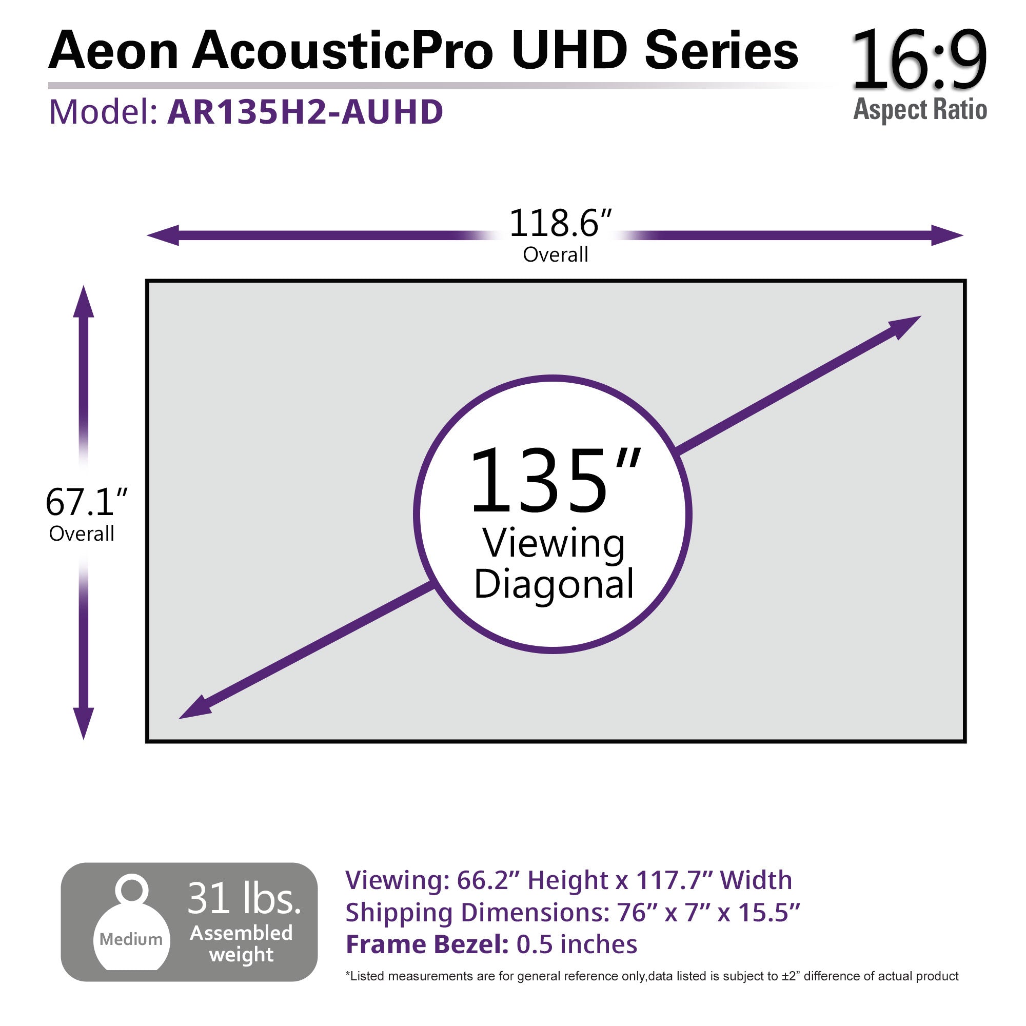 Elite Screens Aeon Aeon AcousticPro UHD 135" Diag. 16:9, 4K Home Theater Fixed Frame EDGE FREE® Projection Sound Transparent Perforated Weave Projection Screen, AR135H2-Aeon AcousticPro UHD