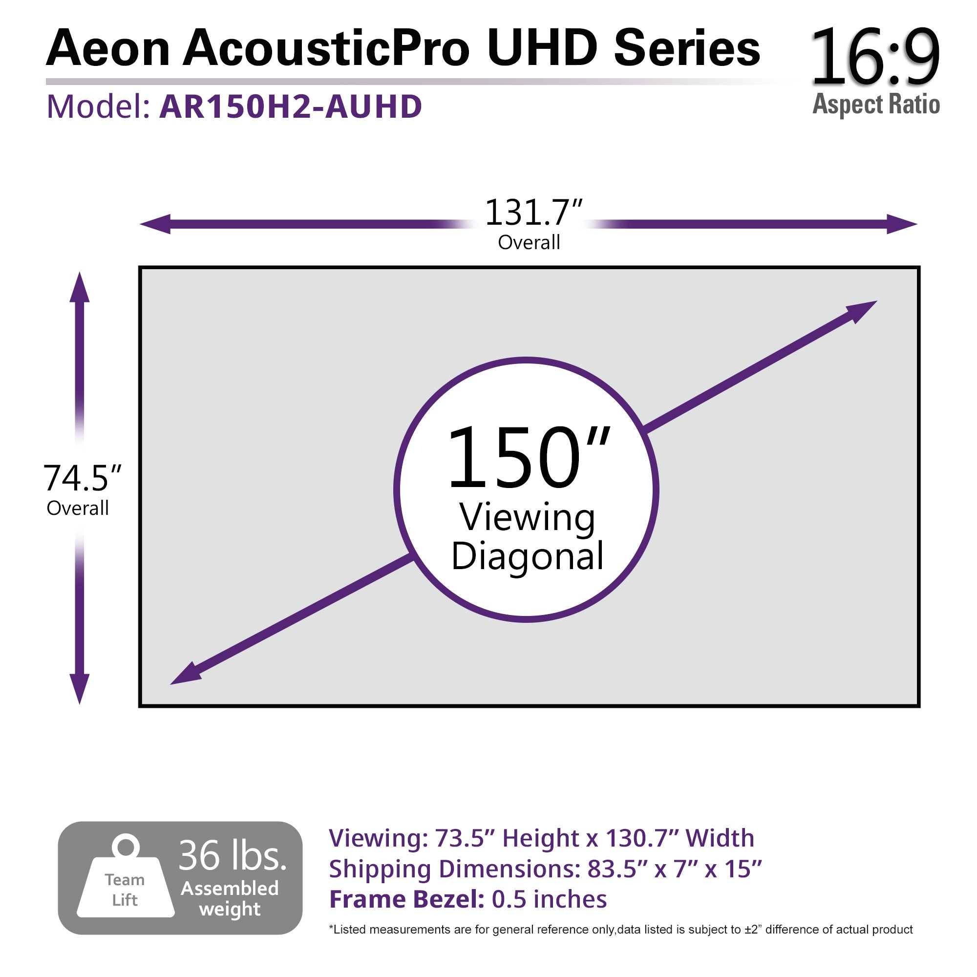 Elite Screens Aeon AcousticPro UHD 150" Diag. 16:9, 4K Home Theater Fixed Frame EDGE FREE® Projection Sound Transparent Perforated Weave Projection Screen, AR150H2-Aeon AcousticPro UHD