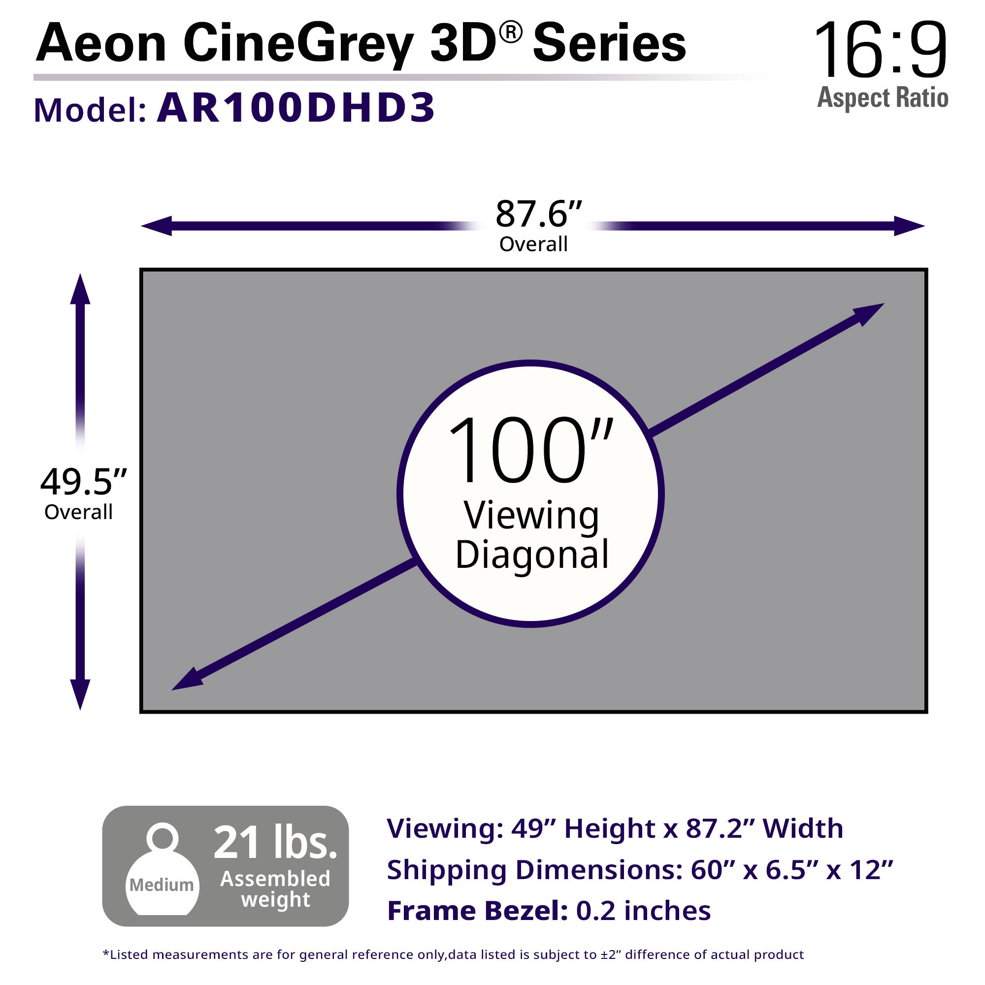 Elite Screens Aeon CineGrey 3D® 100" Diag. 16:9, Celing Ambient Light Rejecting (CLR®/ALR) CineGrey 3D EDGE FREE® Fixed Frame Projection Screen, AR100DHD3