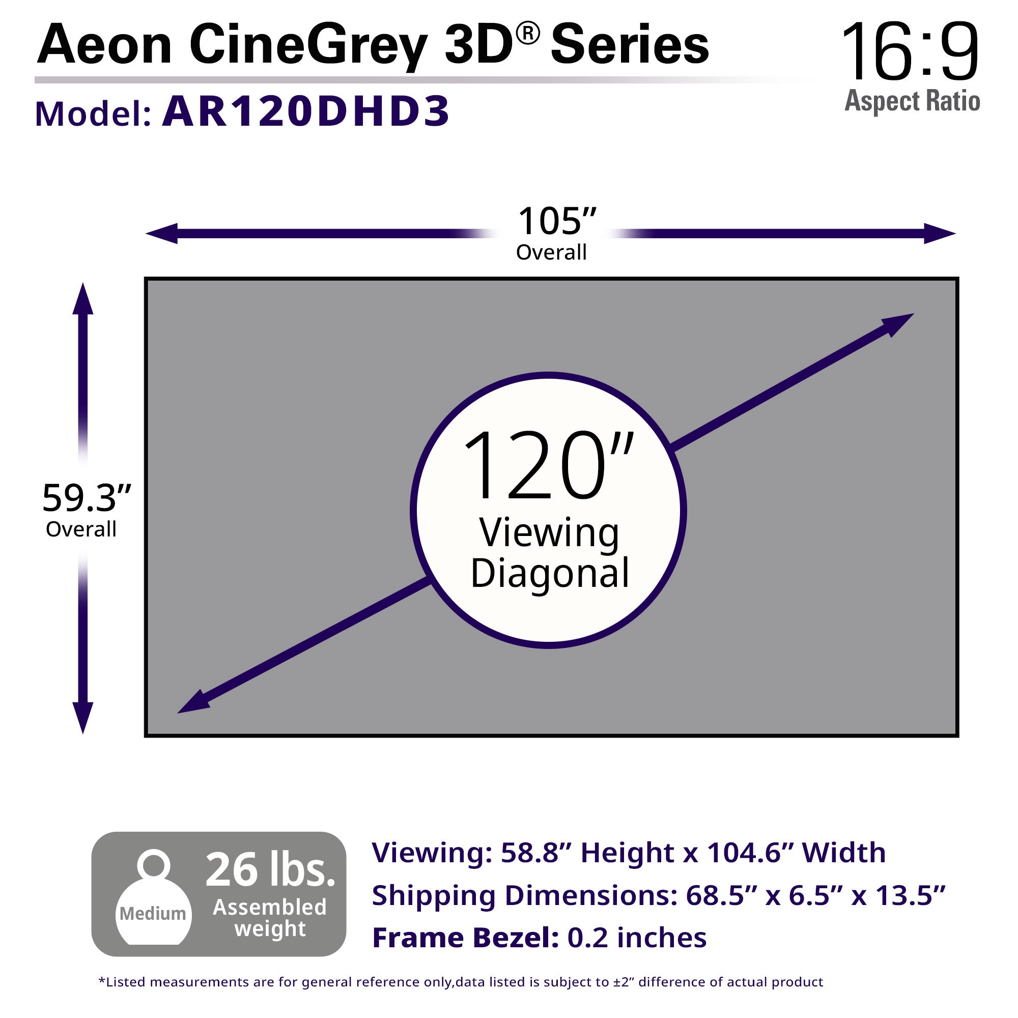 Elite Screens Aeon CineGrey 3D® 120" Diag. 16:9, Celing Ambient Light Rejecting (CLR®/ALR) CineGrey 3D EDGE FREE® Fixed Frame Projection Screen, AR120DHD3