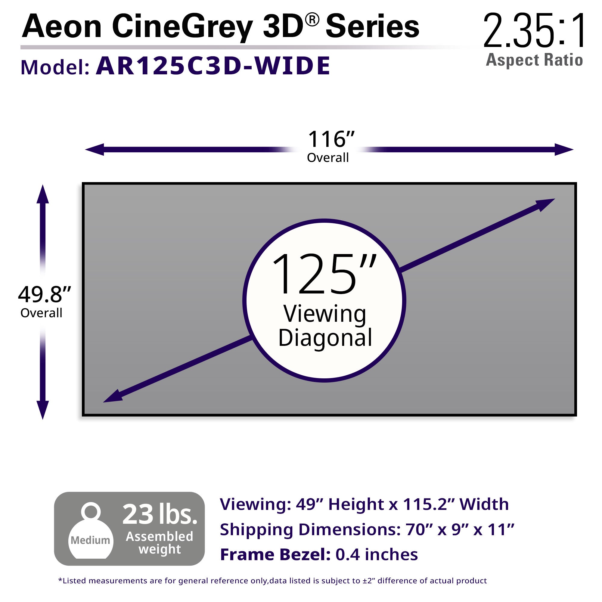 Elite Screens Aeon CineGrey 3D® 125" Diag. 2.35:1, Ceiling, Ambient Light Rejecting (CLR®/ALR) CineGrey 3D EDGE FREE® Fixed Frame Projection Screen, AR125C3D-WIDE