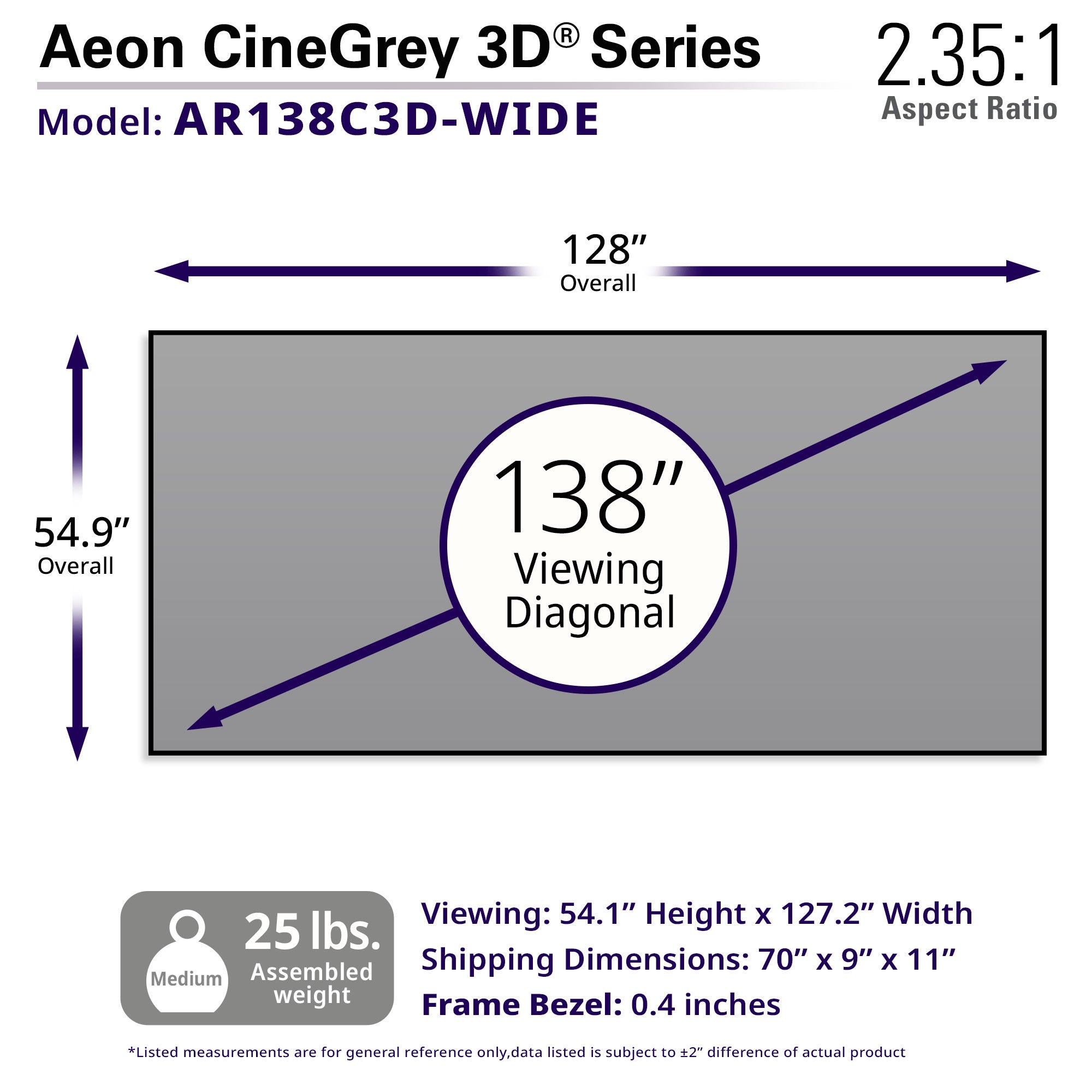 Elite Screens Aeon CineGrey 3D® 138" Diag. 2.35:1, Ceiling, Ambient Light Rejecting (CLR®/ALR) CineGrey 3D EDGE FREE® Fixed Frame Projection Screen, AR138C3D-WIDE