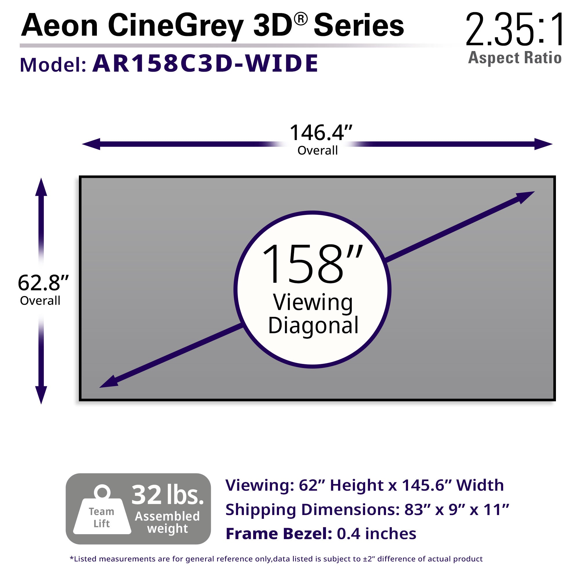 Elite Screens Aeon CineGrey 3D® 158" Diag. 2.35:1, Ceiling, Ambient Light Rejecting (CLR®/ALR) CineGrey 3D EDGE FREE® Fixed Frame Projection Screen, AR158C3D-WIDE