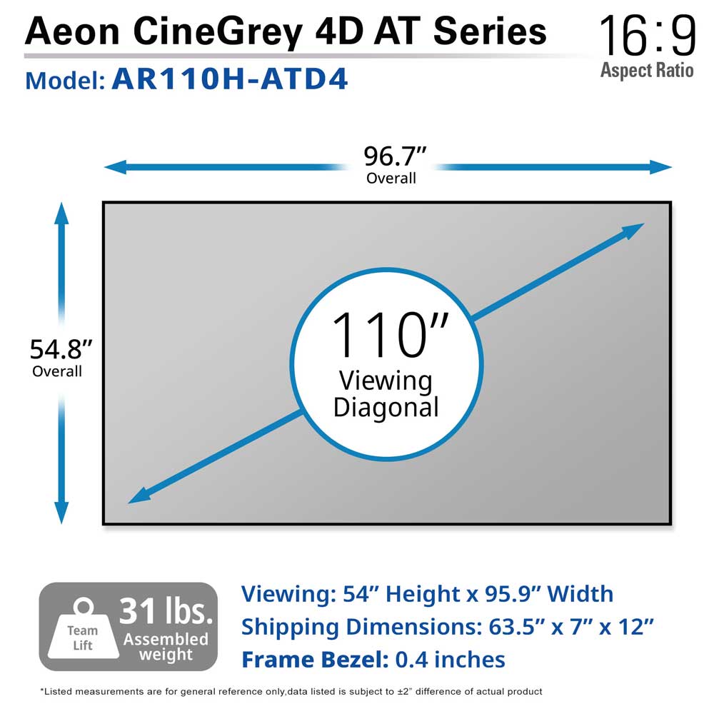 Elite Screens Aeon CineGrey 4D AT 110" Diag. 16:9, Sound Transparent 4K/8K Ceiling Ambient Light Rejecting (CLR®/ALR) Fixed Frame EDGE FREE® Projection Screen, AR110H-ATD4