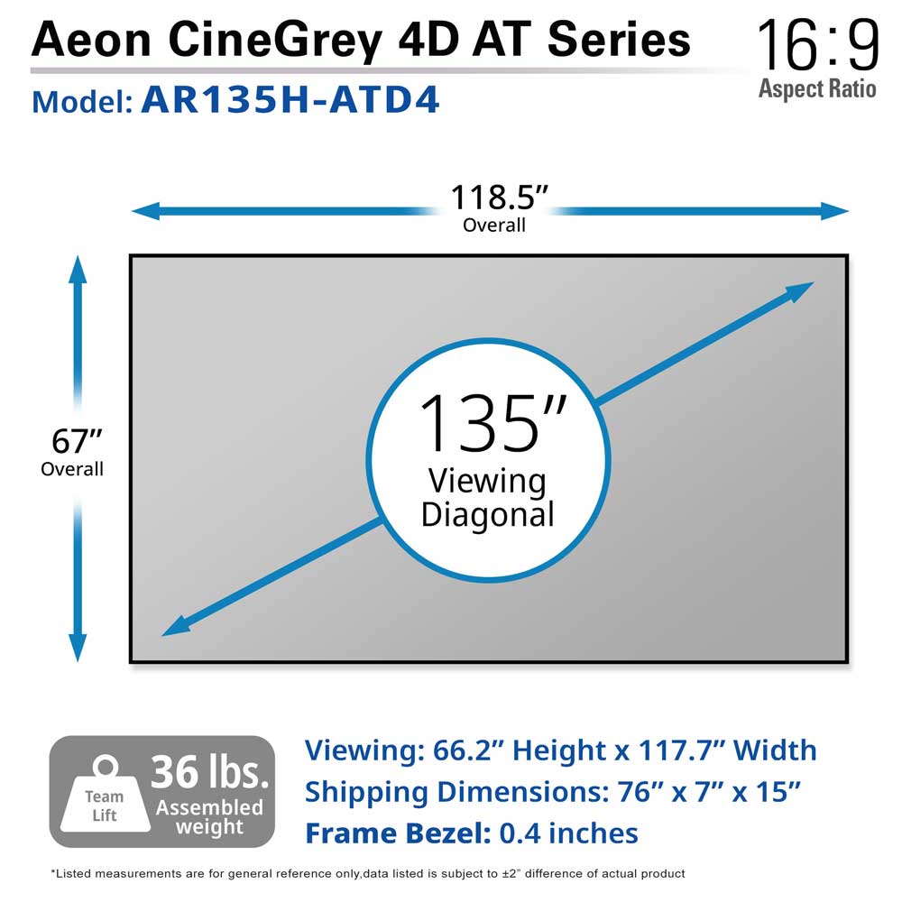 Elite Screens Aeon CineGrey 4D AT 135" Diag. 16:9, Sound Transparent 4K/8K Ceiling Ambient Light Rejecting (CLR®/ALR) Fixed Frame EDGE FREE® Projection Screen, AR135H-ATD4