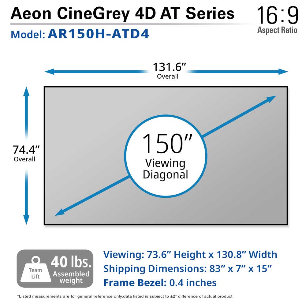 Elite Screens Aeon CineGrey 4D AT 150" Diag. 16:9, Sound Transparent 4K/8K Ceiling Ambient Light Rejecting (CLR®/ALR) Fixed Frame EDGE FREE® Projection Screen, AR150H-ATD4