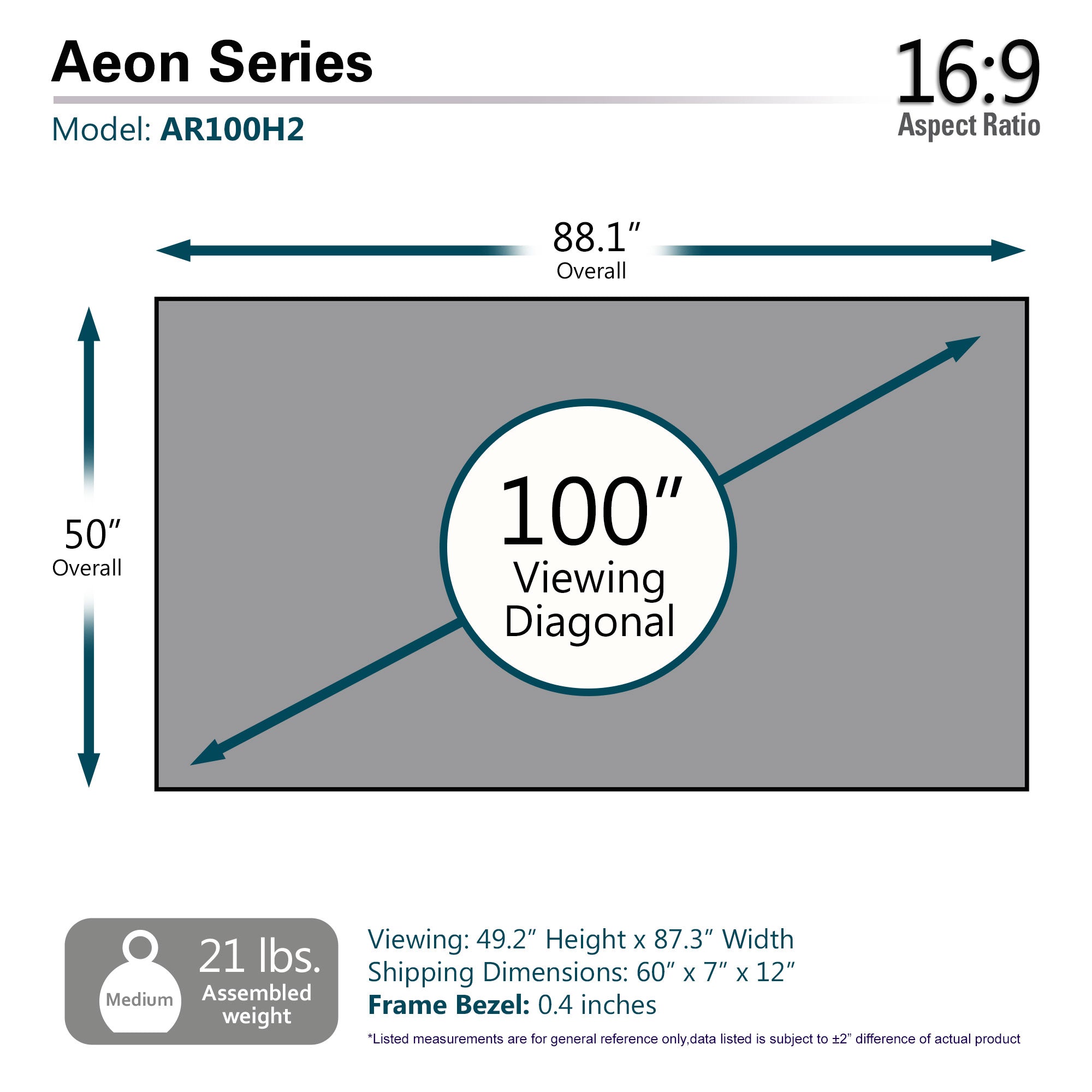 Elite Screens Aeon 100" Diag. 16:9, 8K 4K Ultra HD Home Theater Fixed Frame EDGE FREE® Projector Screen, CineGrey Matte Grey Front Projection Screen, AR100H2