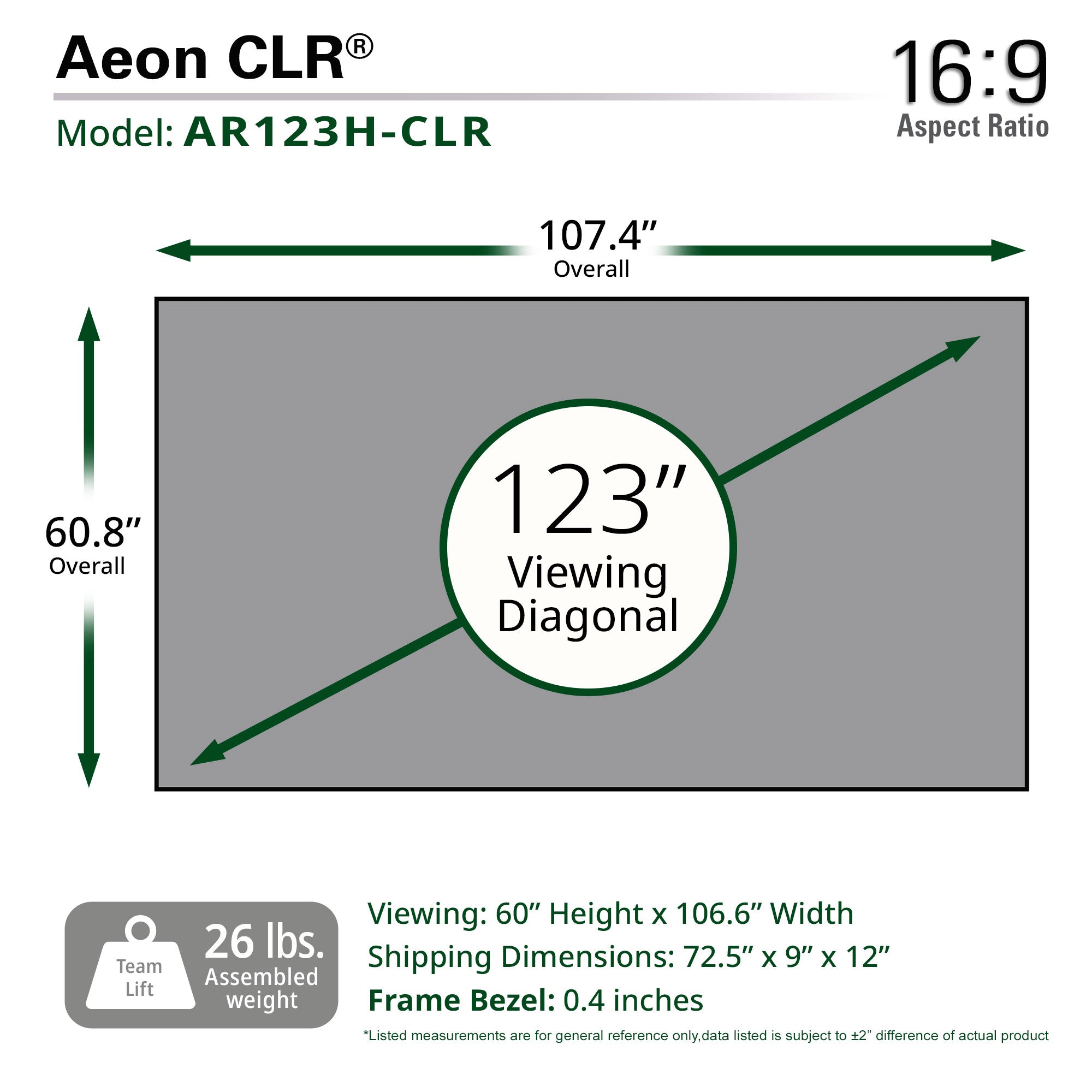 Elite Screens Aeon CLR® 123" Diag. 16:9, Ambient Light Rejecting Fixed Frame Projector Screens, AR123H-CLR
