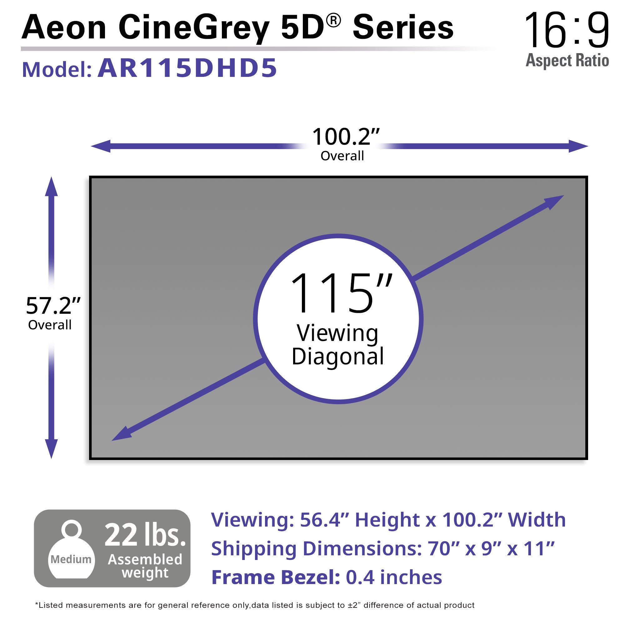 Elite Screens Aeon CineGrey 5D® 115" Diag. 16:9, Ceiling, Ambient Light Rejecting (CLR®/ALR) CineGrey 3D EDGE FREE® Fixed Frame Projection Screen, AR115DHD5