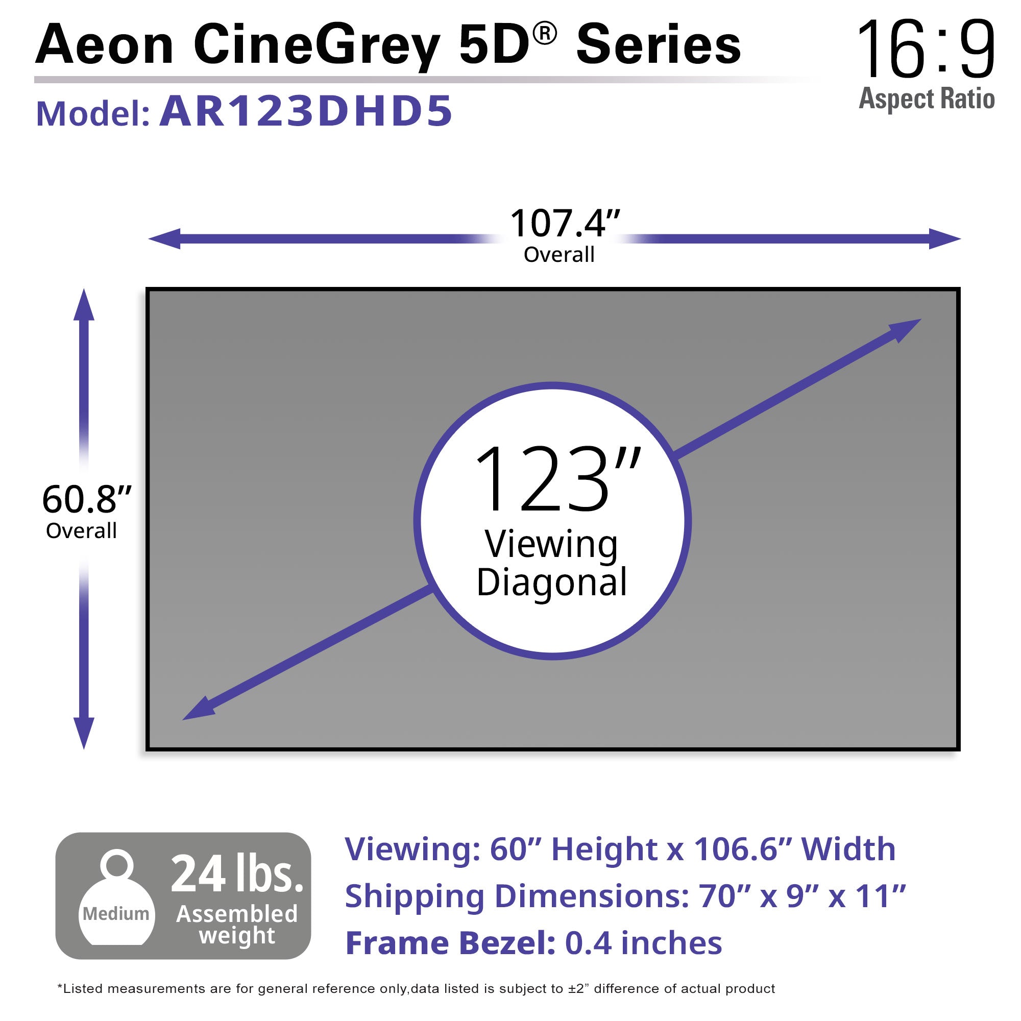 Elite Screens Aeon CineGrey 5D® 123" Diag. 16:9, Ceiling Ambient Light Rejecting (CLR®/ALR) CineGrey 5D EDGE FREE® Fixed Frame Projection Screen, AR123DHD5