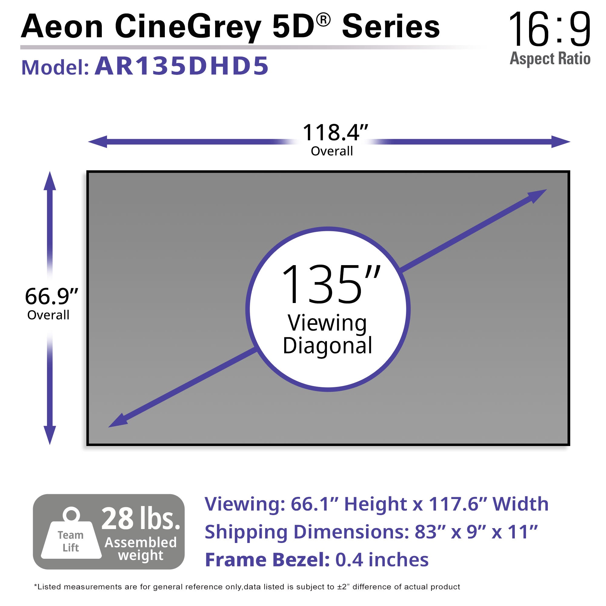 Elite Screens Aeon CineGrey 5D® 135" Diag. 16:9, Ceiling, Ambient Light Rejecting (CLR®/ALR) CineGrey 3D EDGE FREE® Fixed Frame Projection Screen, AR135DHD5