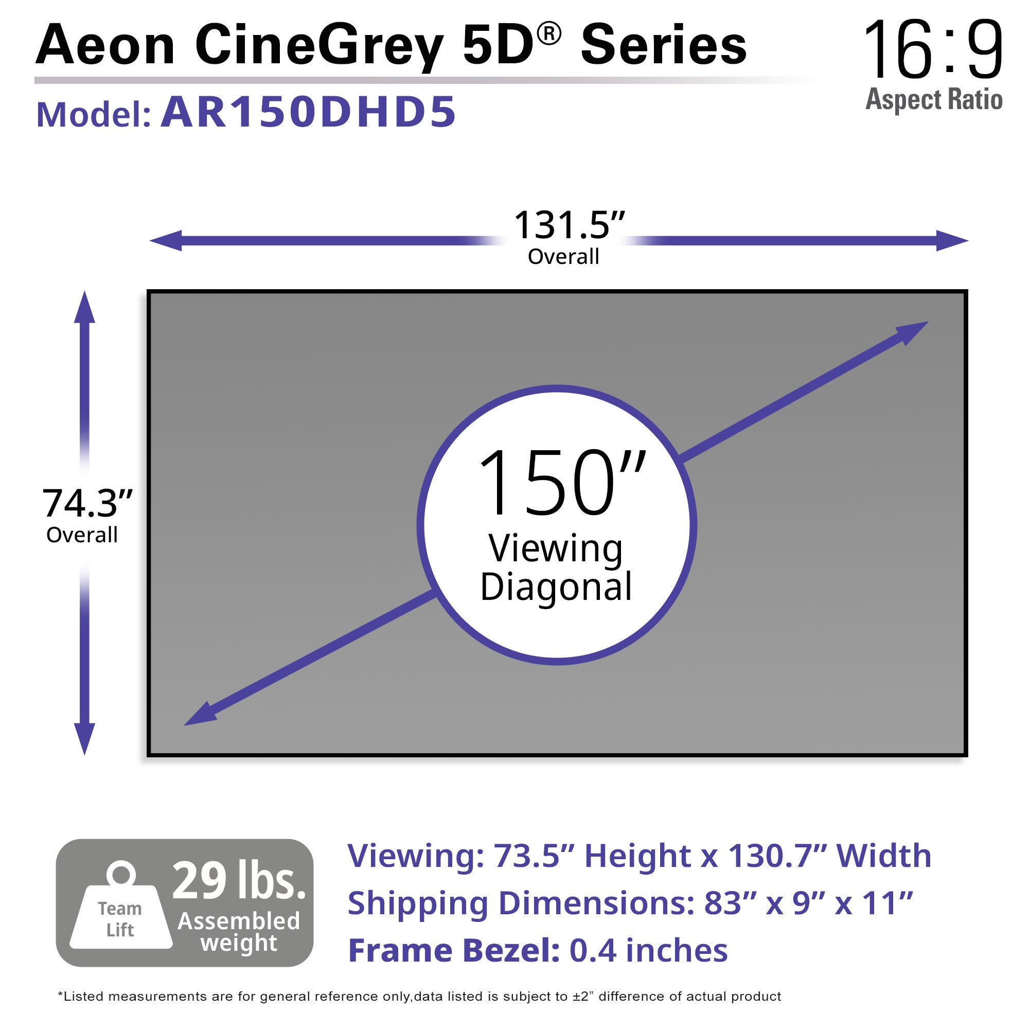 Elite Screens Aeon CineGrey 5D® 150" Diag. 16:9, Ceiling, Ambient Light Rejecting (CLR®/ALR) CineGrey 3D EDGE FREE® Fixed Frame Projection Screen, AR150DHD5