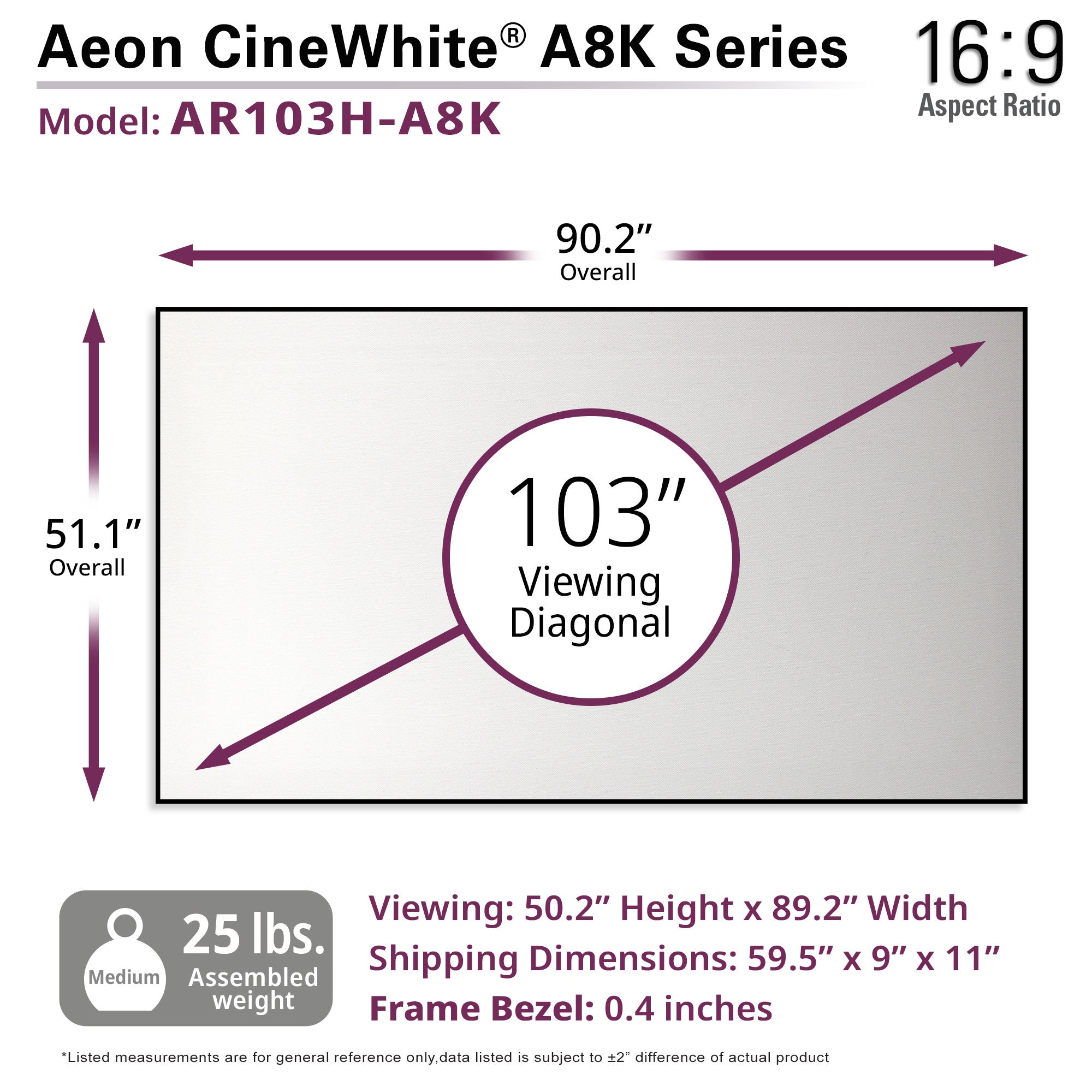 Elite Screens Aeon CineWhite® A8K 103" Diag. 16:9 8K Ultra HD Home Theater Fixed Frame EDGE FREE® Projection Sound Transparent Perforated Weaved Projection Screen, AR103H-A8K