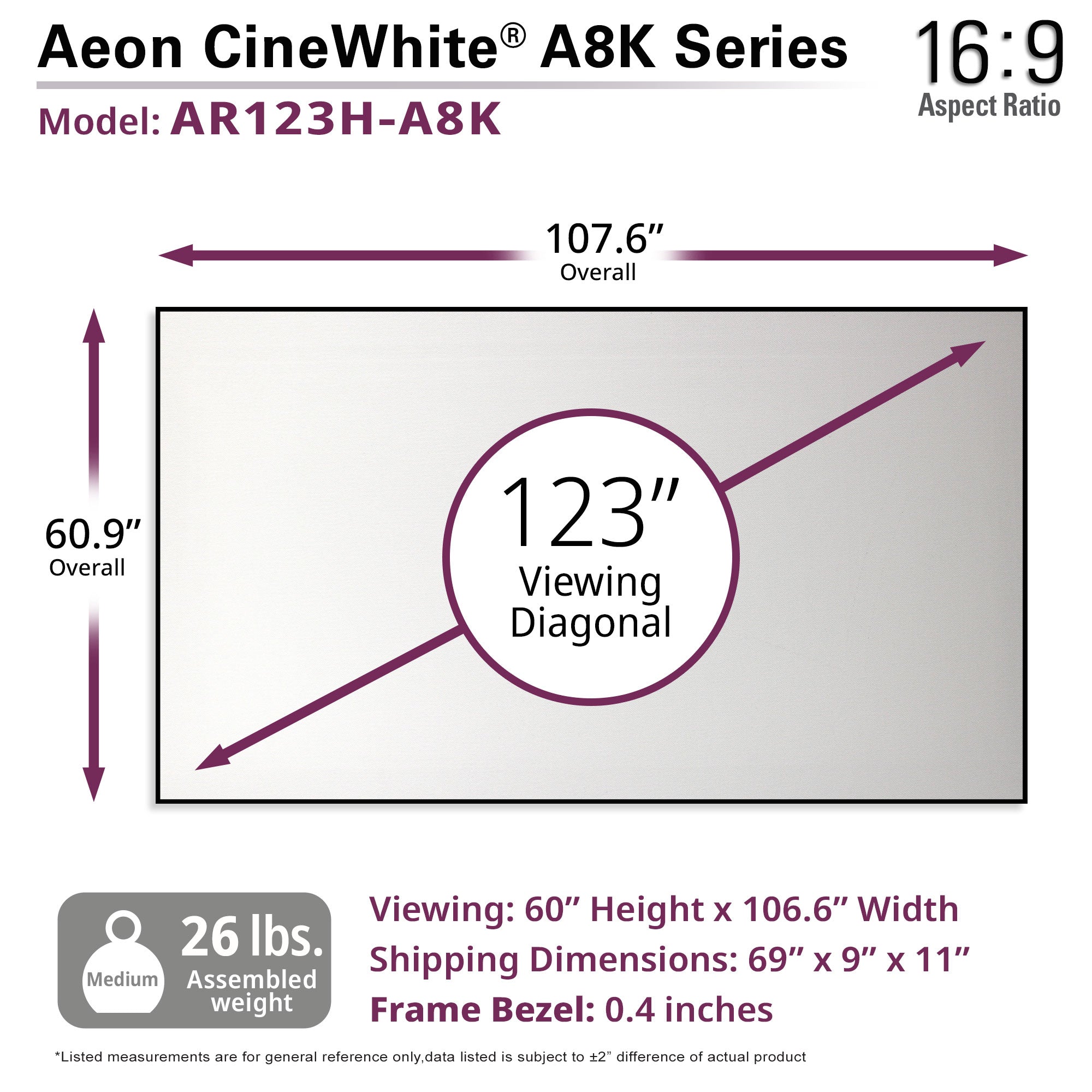 Elite Screens Aeon CineWhite® A8K 123" Diag. 16:9 8K Ultra HD Home Theater Fixed Frame EDGE FREE® Projection Sound Transparent Perforated Weaved Projection Screen, AR123H-A8K