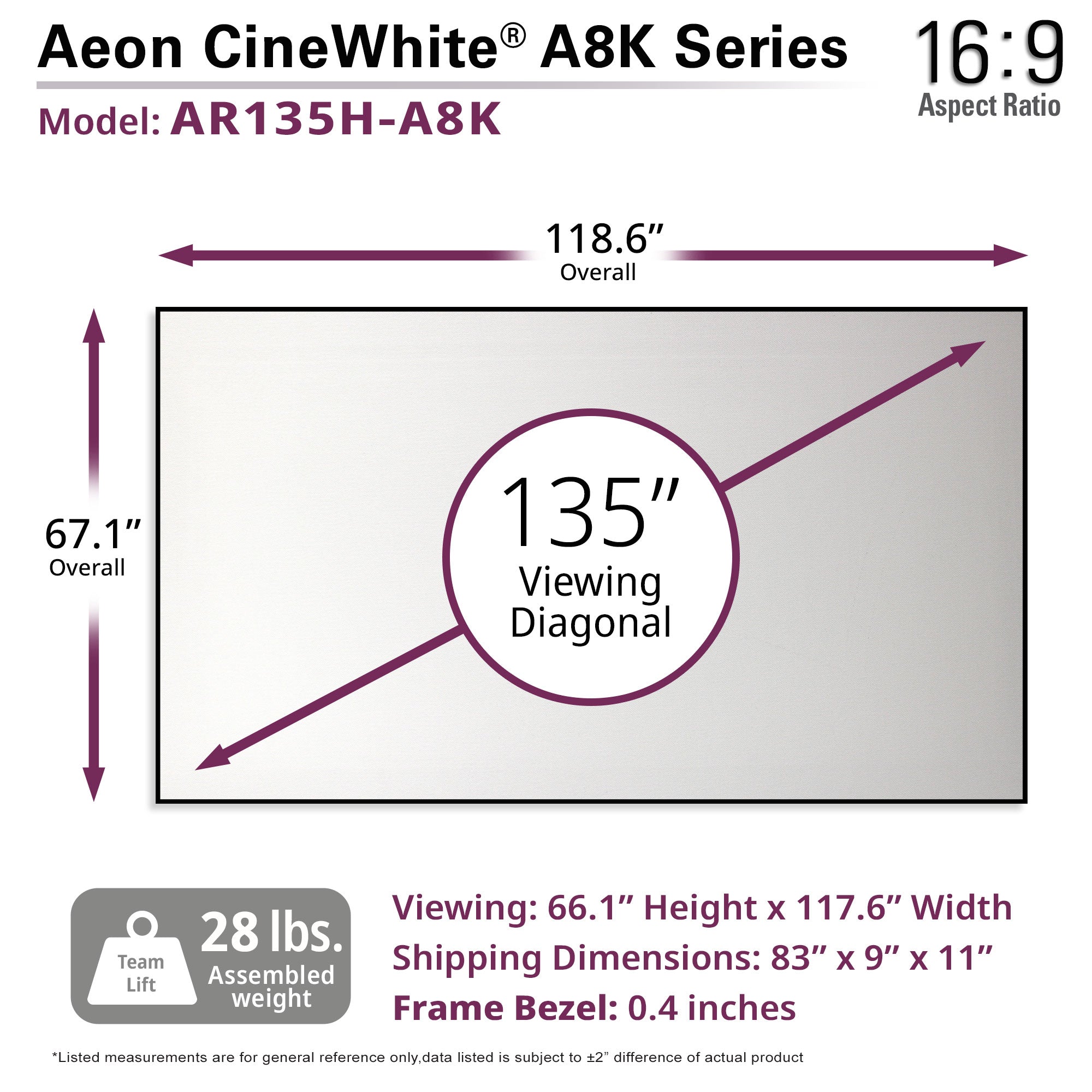 Elite Screens Aeon CineWhite® A8K 135" Diag. 16:9 8K Ultra HD Home Theater Fixed Frame EDGE FREE® Projection Sound Transparent Perforated Weaved Projection Screen, AR135H-A8K