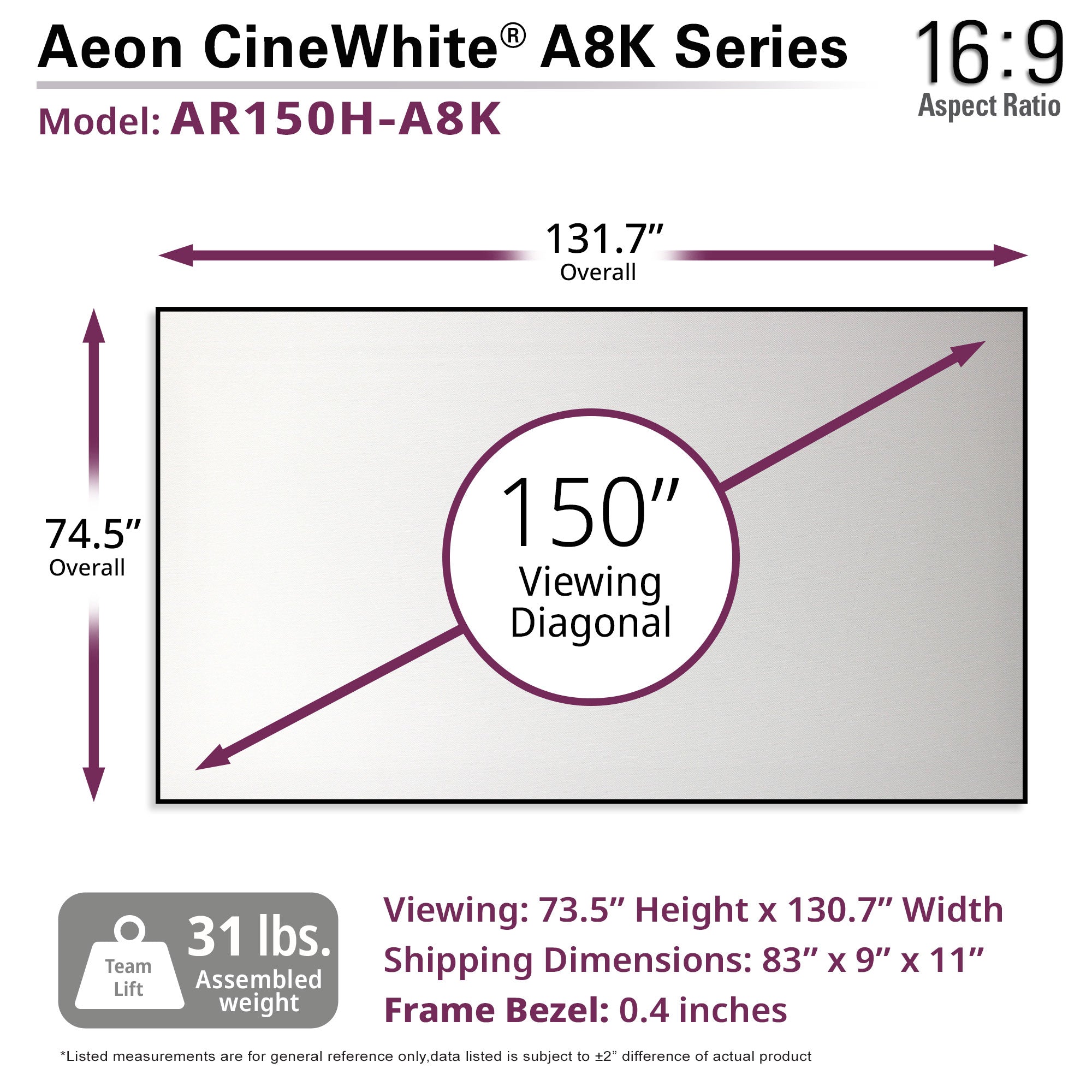 Elite Screens Aeon CineWhite® A8K 150" Diag. 16:9 8K Ultra HD Home Theater Fixed Frame EDGE FREE® Projection Sound Transparent Perforated Weaved Projection Screen, AR150H-A8K