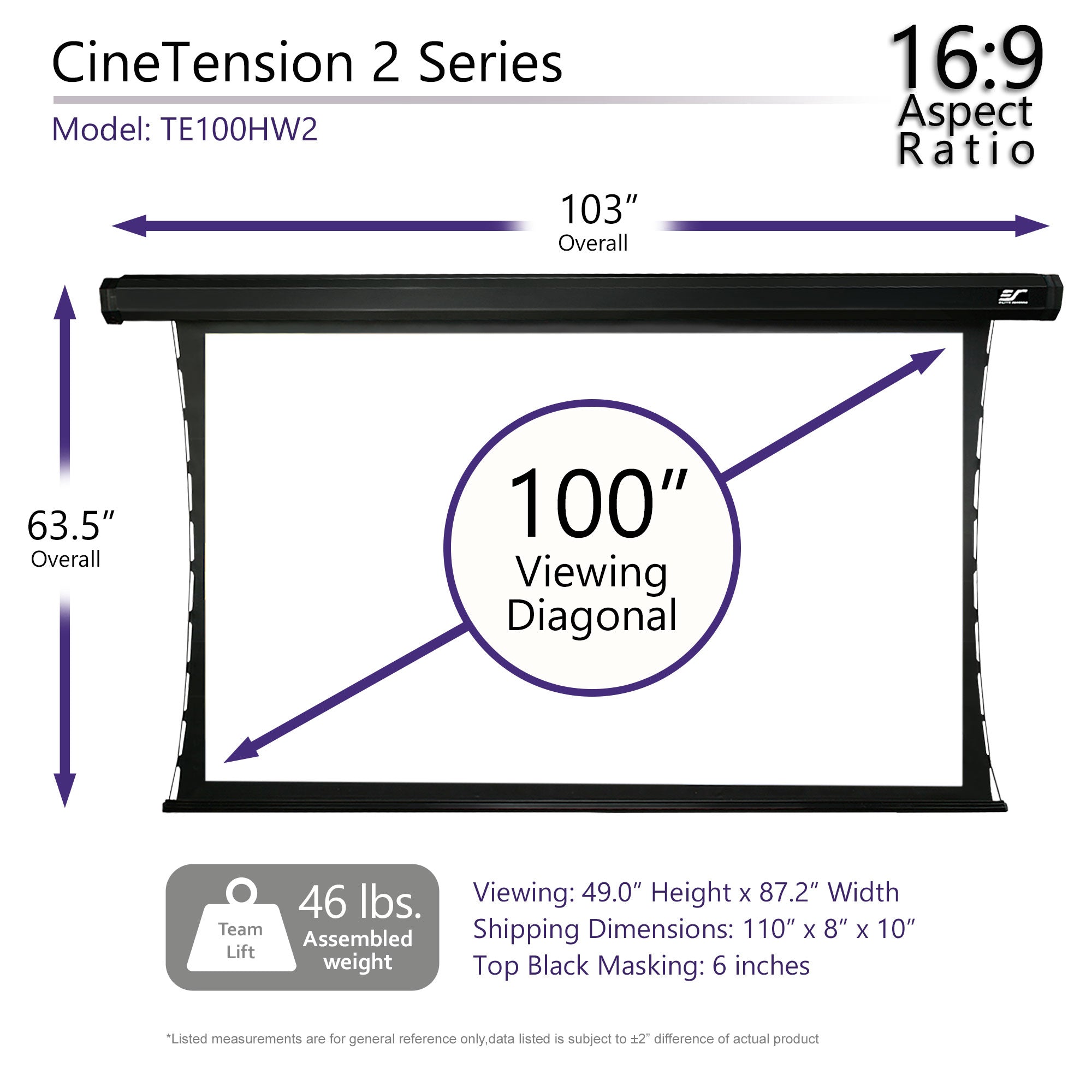 Elite Screens CineTension 2, 100" Diag. 16:9, 4K/8K Tab-Tensioned Electric Motorized Drop Down Projection Projector Screen, TE100HW2