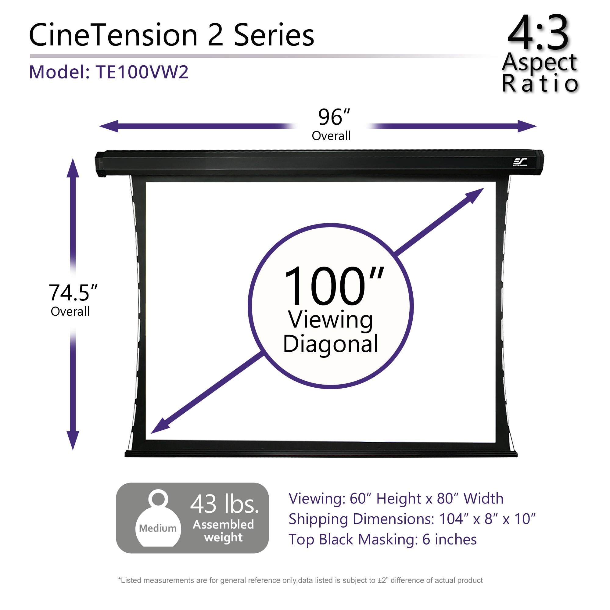 Elite Screens CineTension 2, 100" Diag. 4:3, 4K/8K Tab-Tensioned Electric Motorized Drop Down Projection Projector Screen, TE100VW2