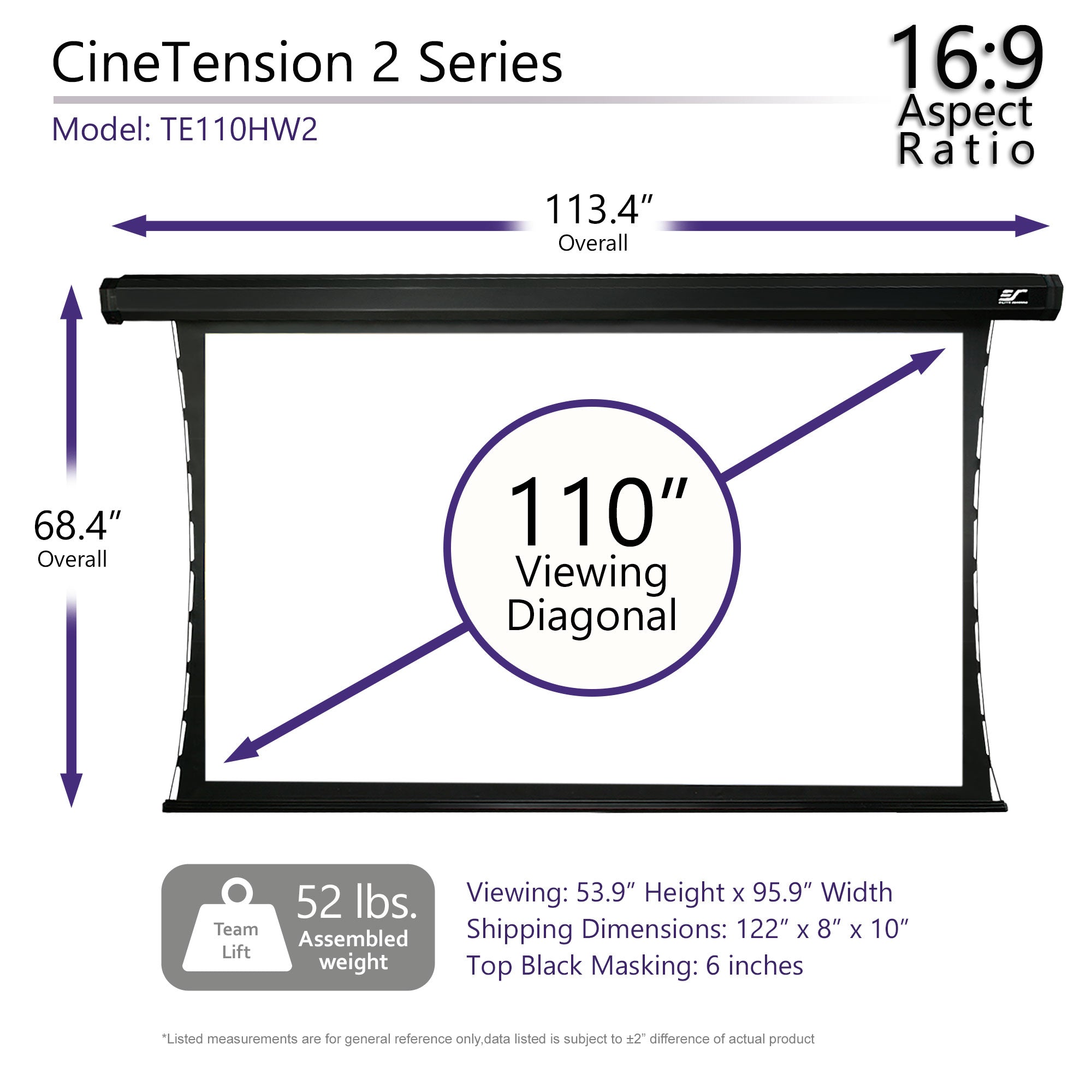 Elite Screens CineTension 2, 110" Diag. 16:9, 4K/8K Tab-Tensioned Electric Motorized Drop Down Projection Projector Screen, TE110HW2
