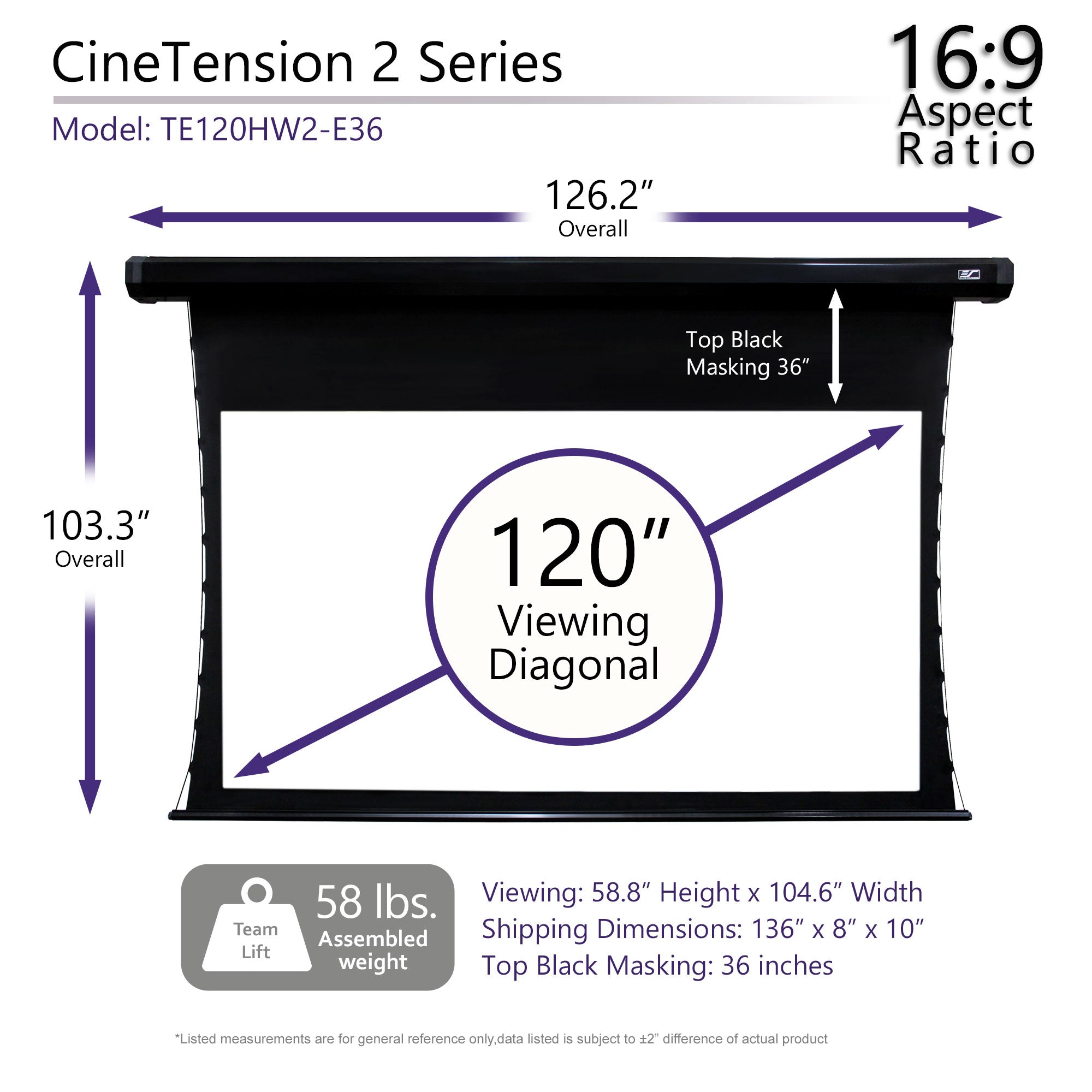 Elite Screens CineTension 2, 120" Diag. 16:9, 4K/8K Tab-Tensioned Electric Motorized Drop Down Projection Projector Screen, TE120HW2-E36