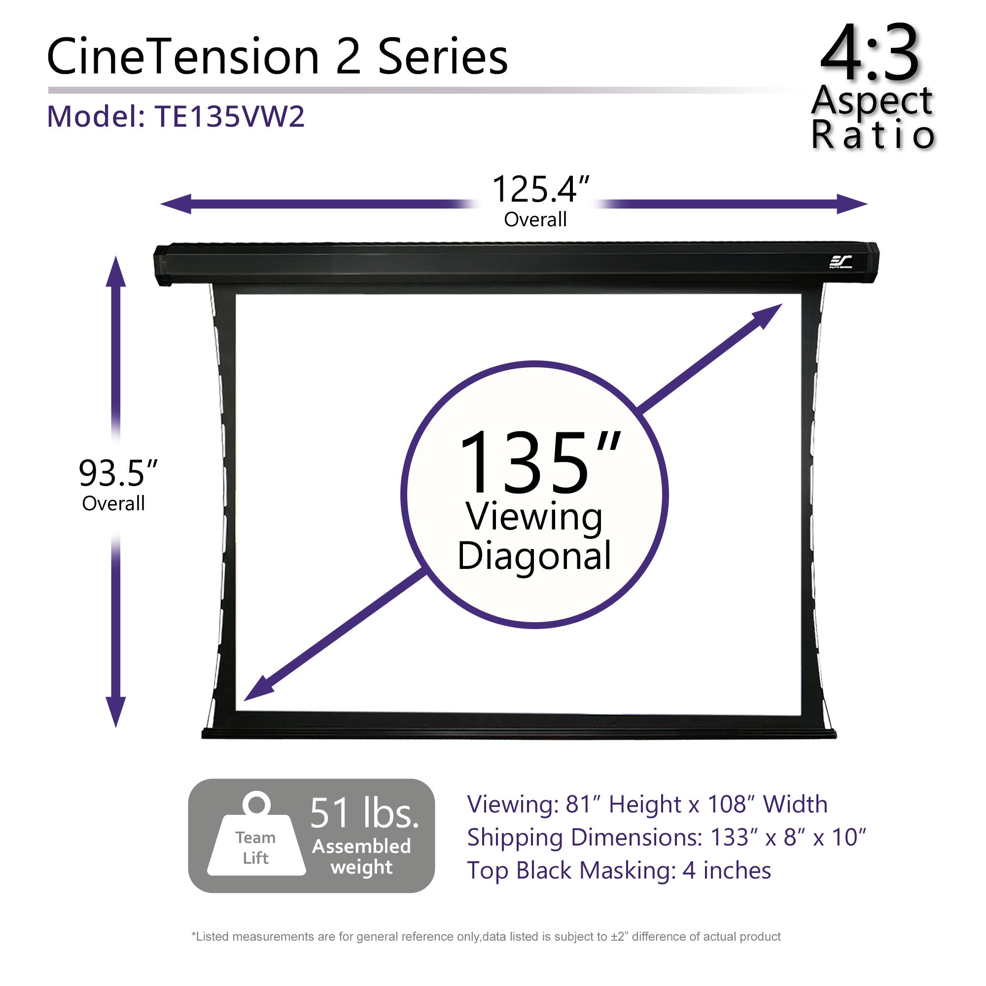 Elite Screens CineTension 2, 135" Diag. 4:3, 4K/8K Tab-Tensioned Electric Motorized Drop Down Projection Projector Screen, TE135VW2