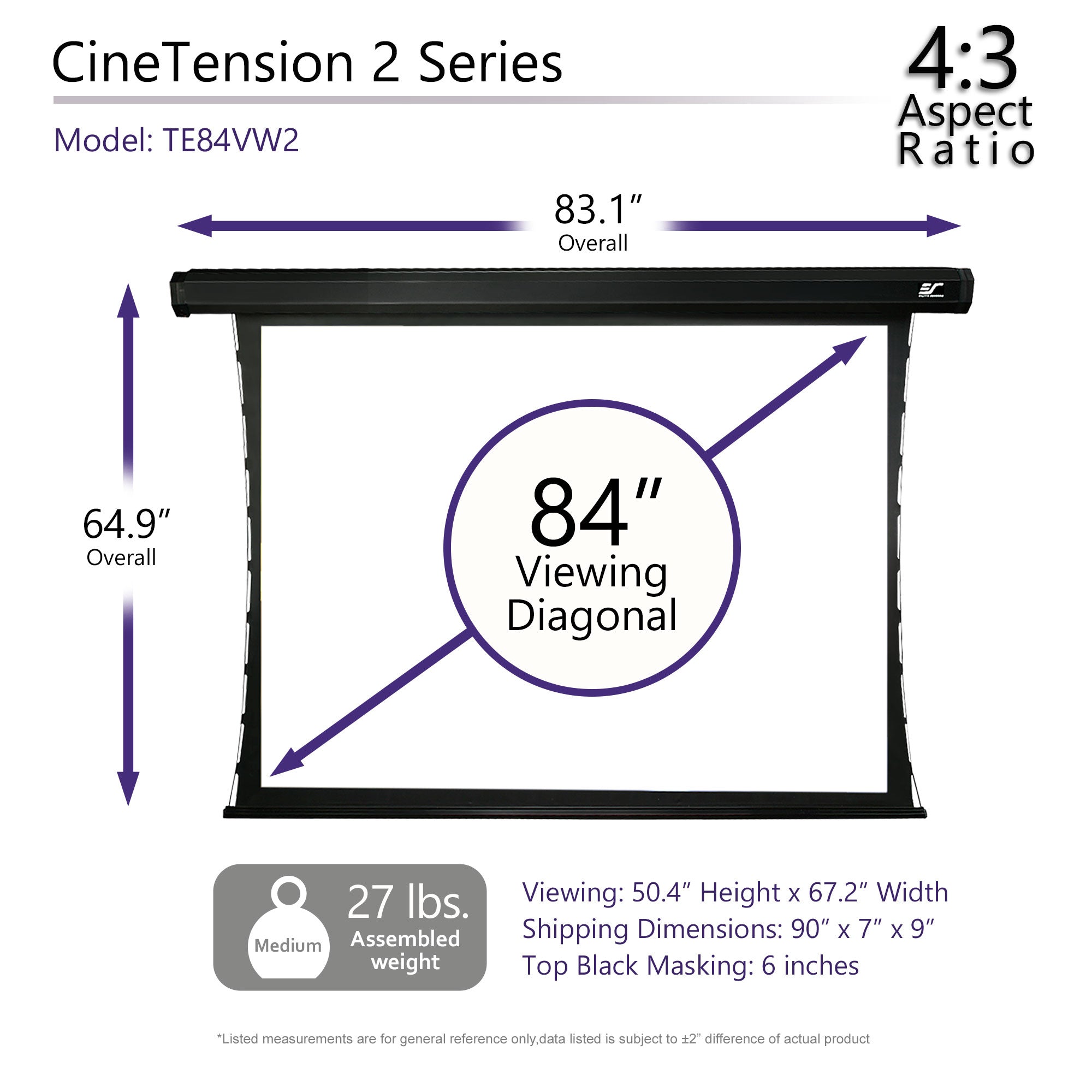 Elite Screens CineTension 2, 84" Diag. 4:3, 4K/8K Tab-Tensioned Electric Motorized Drop Down Projection Projector Screen, TE84VW2