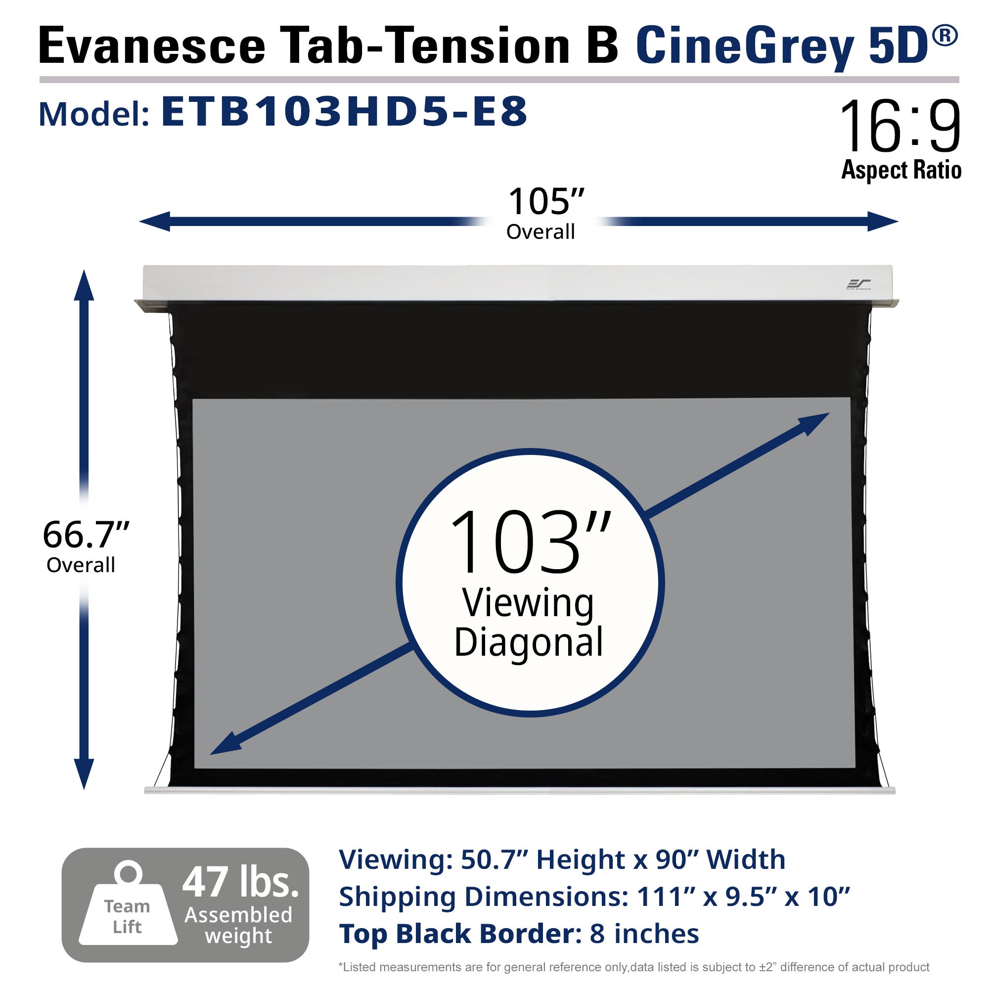 Elite Screens Evanesce Tab-Tension B 103" Diag. 16:9, Electric Recessed In-Ceiling Tensioned Ceiling/Ambient Light Rejecting (CLR/ALR) Projector Screen, ETB103HD5-E8