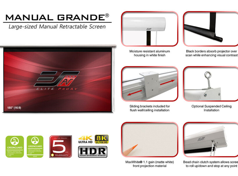 Elite ProAV Manual Grande®, 180" Diag. 4:3, Manual Pull-Down Projection Screen, Office / Home / Movie Theater / Presentation, M180XWV-G
