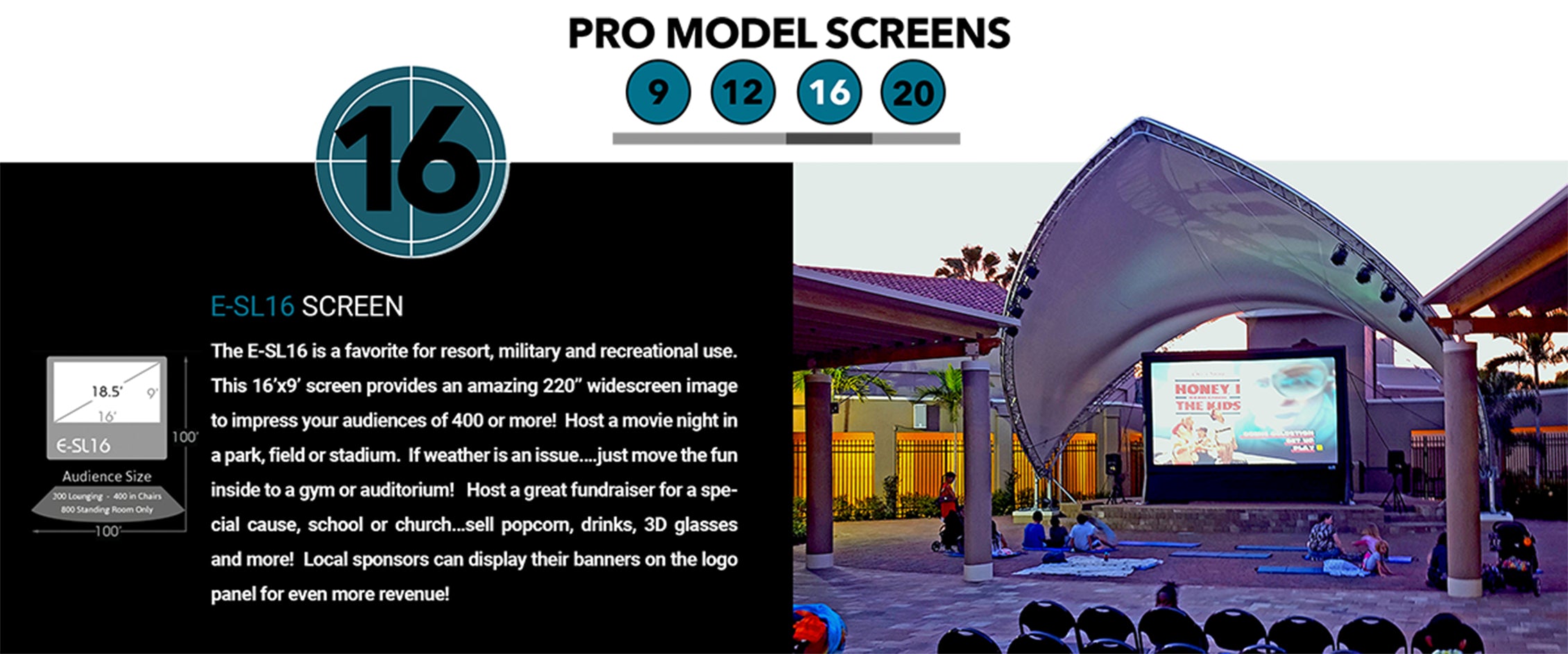 Epic Outdoor Cinema E-SL16 Pro Slimline Silent 220" Diag. Inflatable Screen