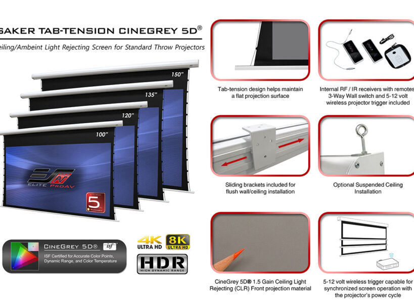 Elite ProAV Saker Tab-Tension CineGrey 5D®, 135" Diag. 16:9, Electric Tab-Tensioned Ceiling Ambient Light Rejecting (CLR/ALR) Projector Screen, SKT135XHD5-E10