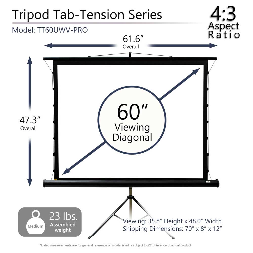 Elite Screen Tripod 60" Diag. ,4:3 Tab-Tensioned Portable Tripod Projector Projection Screen TT60UWV-PRO