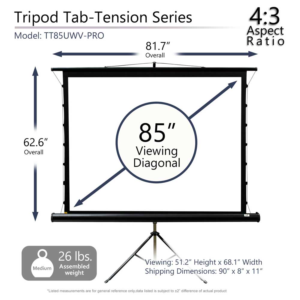 Elite Screen Tripod 85" Diag. ,4:3 Tab-Tensioned Portable Tripod Projector Projection Screen TT85UWV-PRO