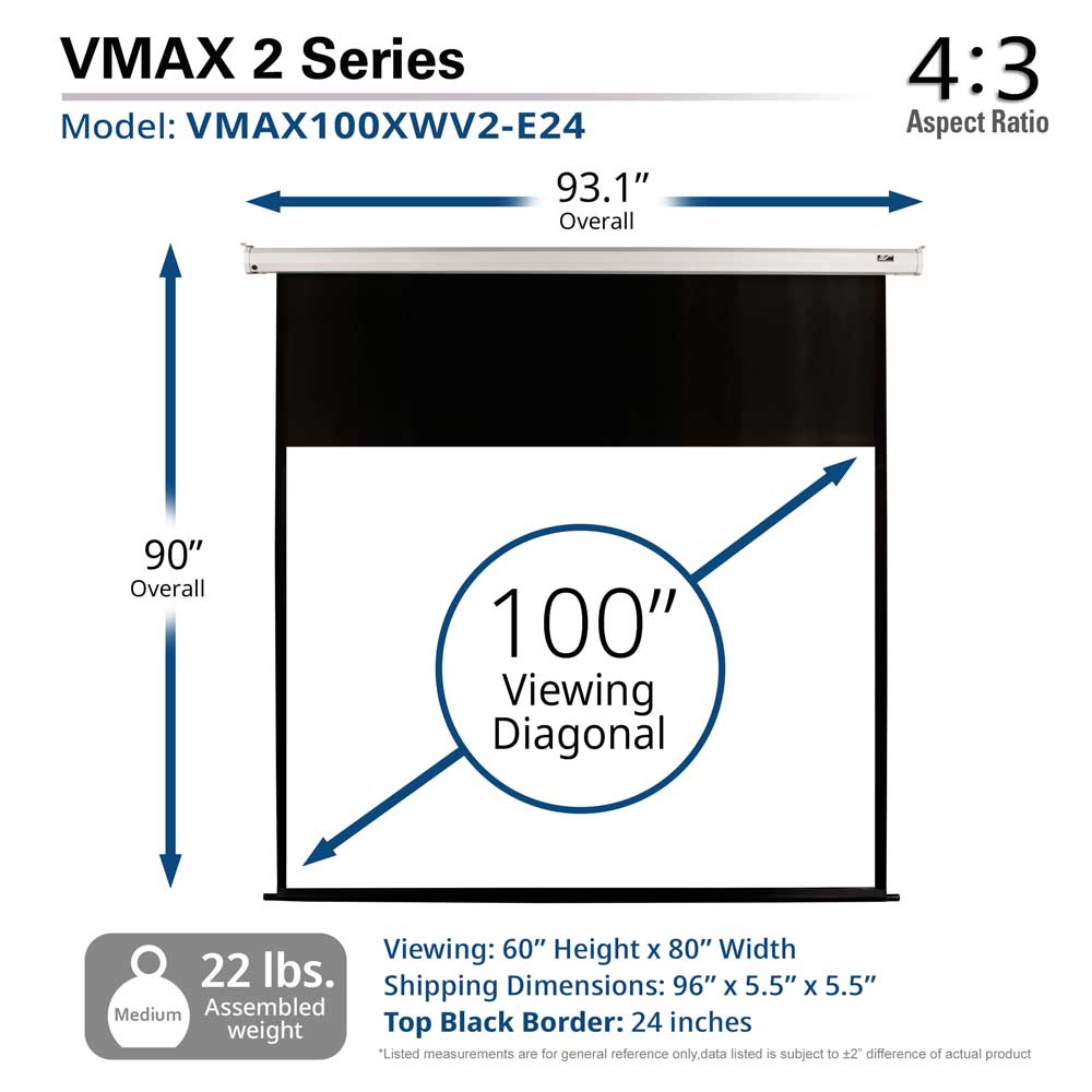 Elite Screens VMAX 2, 100" Diag. 4:3, 24" Diag. Drop ELECTRIC Drop Down HD Projection Projector Screen, VMAX100XWV2-E24