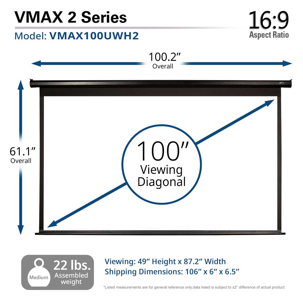 Elite Screens VMAX 2, 100" Diag. 16:9, Wall Ceiling Electric Motorized Drop Down HD Projection Projector Screen, VMAX100UWH2