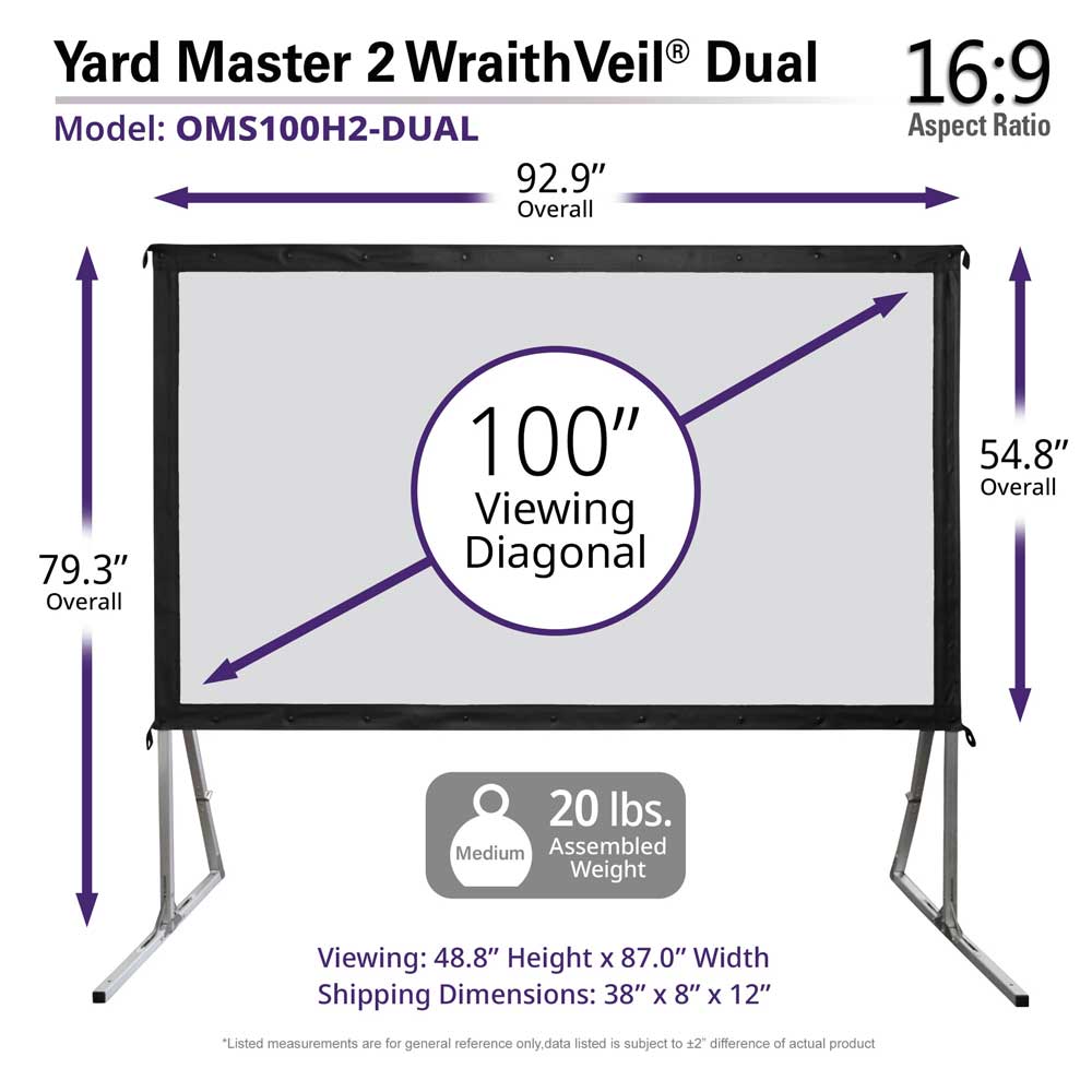 Elite Screens Yard Master 2 WraithVeil® Dual 100 inch Outdoor Front Rear Projector Screen with Stand 16:9, 8K 4K Ultra HD 3D Portable Movie Theater Cinema Indoor 100" Diag. Foldable Projection Screen, OMS100H2-DUAL