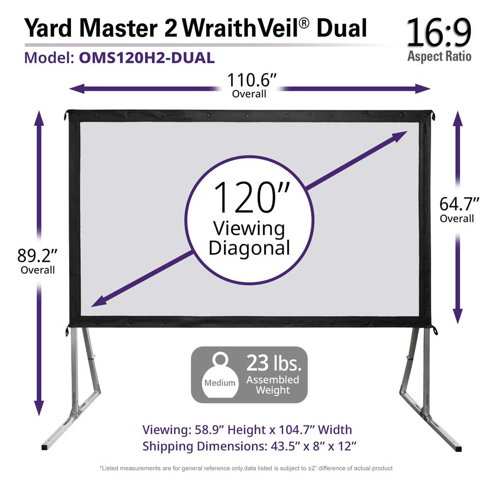 Elite Screens Yard Master 2 WraithVeil® Dual 120 inch Outdoor Front Rear Projector Screen with Stand 16:9, 8K 4K Ultra HD 3D Portable Movie Theater Cinema Indoor 120" Diag. Foldable Projection Screen, OMS120H2-DUAL
