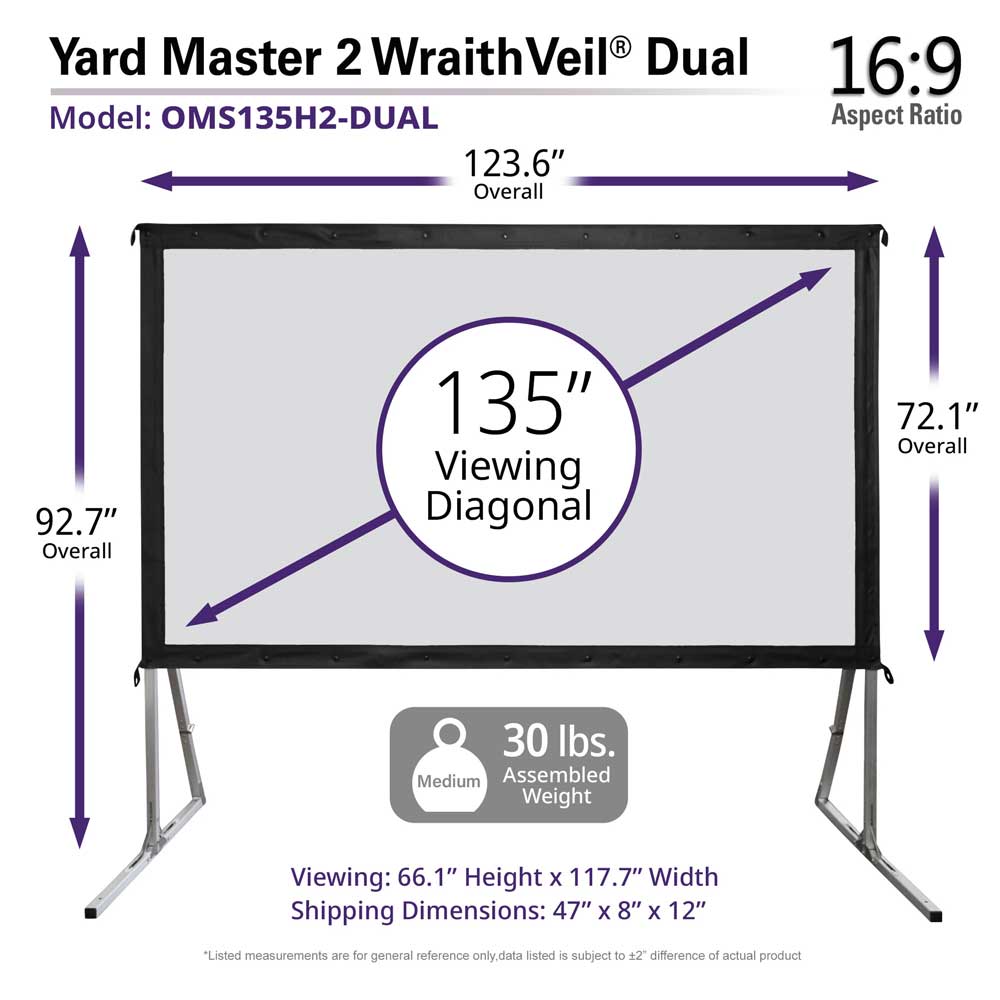 Elite Screens Yard Master 2 WraithVeil® Dual 135 inch Outdoor Front Rear Projector Screen with Stand 16:9, 8K 4K Ultra HD 3D Portable Movie Theater Cinema Indoor 135" Diag. Foldable Projection Screen, OMS135H2-DUAL