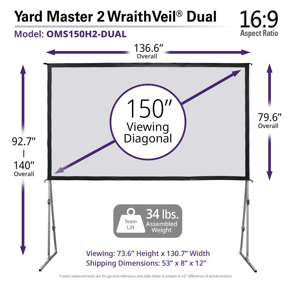 Elite Screens Yard Master 2 WraithVeil® Dual 150 inch Outdoor Front Rear Projector Screen with Stand 16:9, 8K 4K Ultra HD 3D Portable Movie Theater Cinema Indoor 150" Diag. Foldable Projection Screen, OMS150H2-DUAL