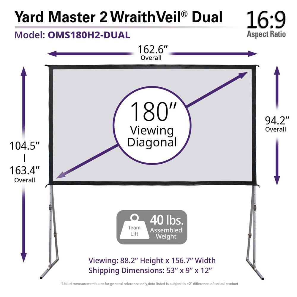 Elite Screens Yard Master 2 WraithVeil® Dual 180 inch Outdoor Front Rear Projector Screen with Stand 16:9, 8K 4K Ultra HD 3D Portable Movie Theater Cinema Indoor 180" Diag. Foldable Projection Screen, OMS180H2-DUAL