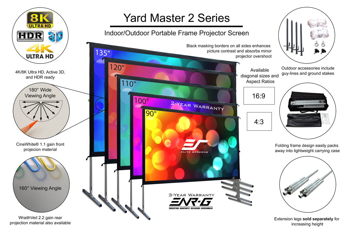 Elite Screens Yard Master 2, 120 inch Outdoor Projector Screen with Stand 16:9, 8K 4K Ultra HD 3D Fast Folding Portable Movie Theater Cinema 120" Diag. Indoor Foldable Easy Snap Projection Screen, OMS120H2