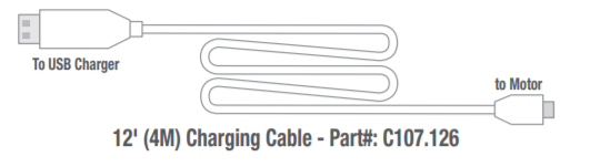 Draper 12' Recharge Cable, No Plug, 1" x 1" - White, 110 V