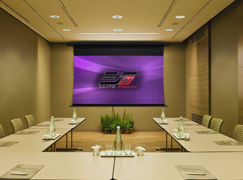 Elite ProAV Saker Tab-Tension DarkUST 2, 124" Diag. 16:9, Ceiling Ambient Light Rejecting Electric Tab-Tensioned Ultra-Short Throw Projector Screen, SKT124H-DST4