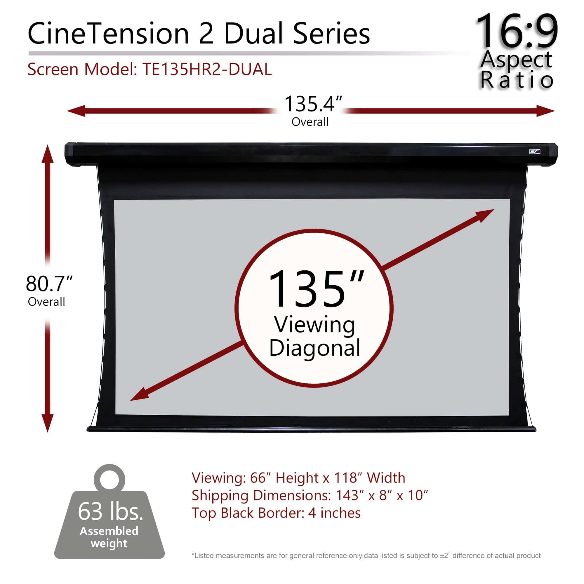 Elite Screens CineTension 2 WraithVeil® Dual 135" Diag. 16:9, 4K/8K, Front/Rear Projection Tab-Tensioned Electric Motorized Drop Down Projector Screen, TE135HR2-DUAL