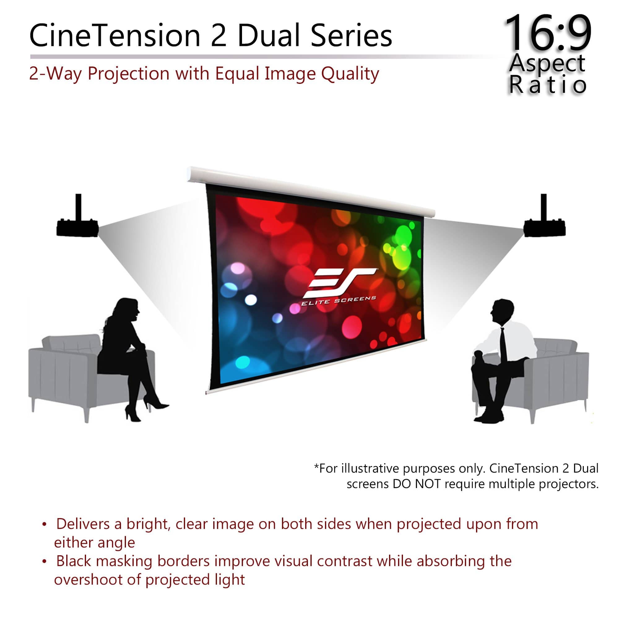 Elite Screens CineTension 2 WraithVeil Dual 180" Diag. 16:9, 4K/8K, Front/Rear Projection Tab-Tensioned Electric Motorized Drop Down Projector Screen, White Case TE180HR2-DUAL