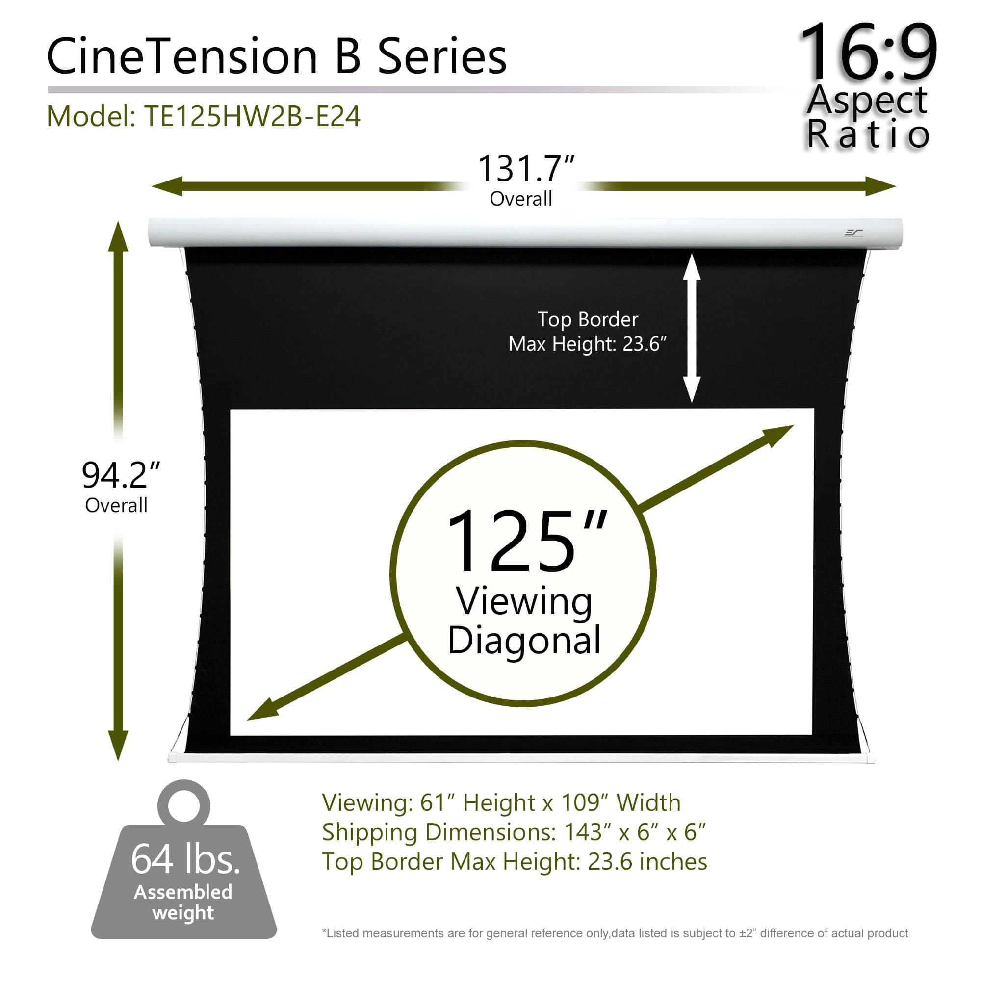Elite Screens CineTension B 125" Diag. 16:9, Tab-Tensioned Electric Motorized Drop Down Front Projector Screen, TE125HW2B-E24