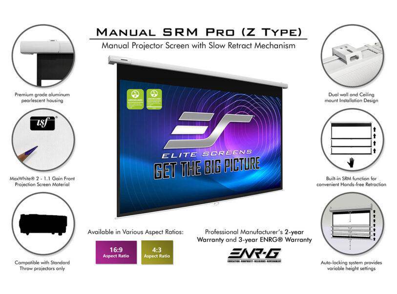 Elite Screens Manual SRM Pro 100" Diag. 16:9, Manual Slow Retract Projector Screen, 8K 4K Ultra HD 3D Ready, 2-YEAR WARRANTY, M100HSR-PRO