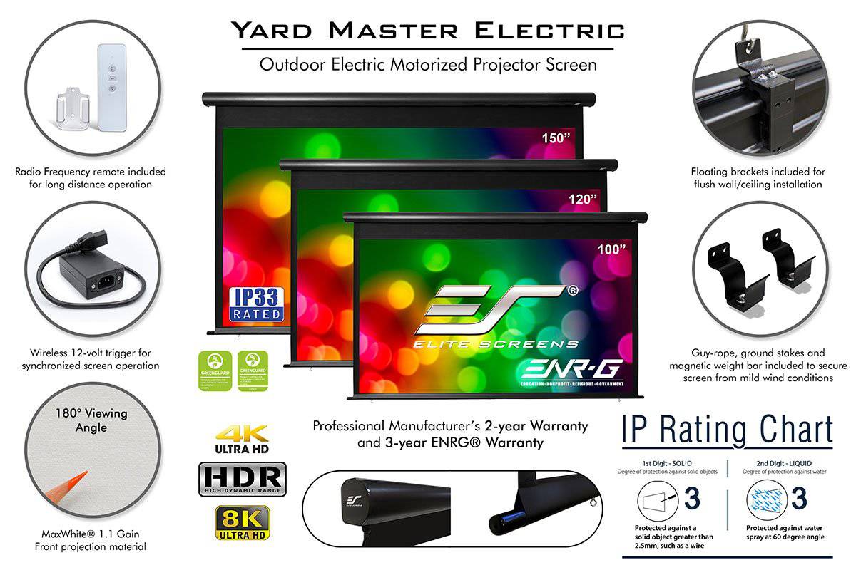 Elite Screens Yard Master Electric 120' Diag. Outdoor Electric Motorized Projector Screen Rain Water Protection 16:9 Remote Control 8K 4K Ultra HD 3D Movie Theater 120" Diag. Auto Projection Screen, OMS120H-Electric Motorized